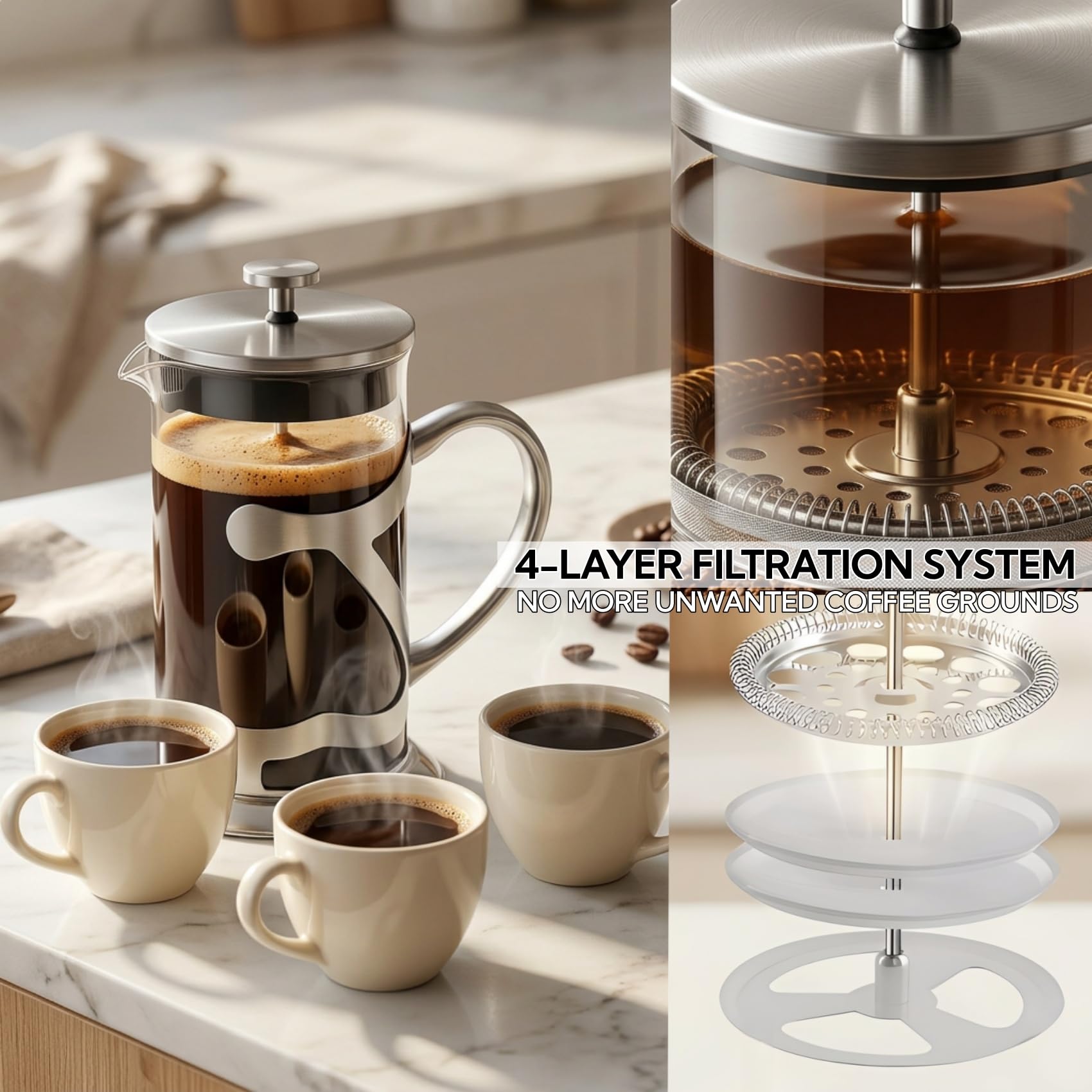 Cafetera de prensa francesa de acero inoxidable de 1 litro, prensa de café de vidrio de borosilicato resistente al calor con cuchara medidora de café, cafetera manual para café y té