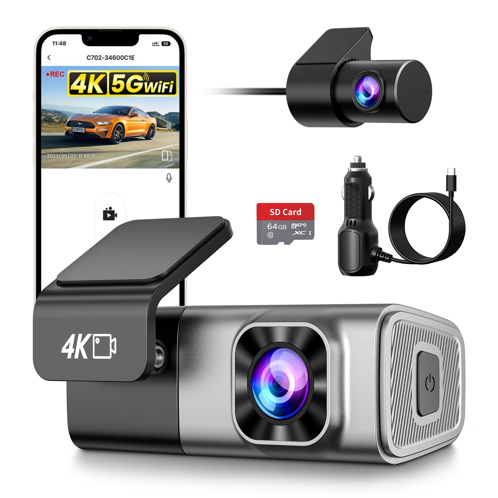 Dash Cam Auto 4K Anteriore e 2K Posteriore, WiFi 5GHz con App, G-Sensor, Registrazione in Loop, Modalità Parcheggio 24H, SD 64G