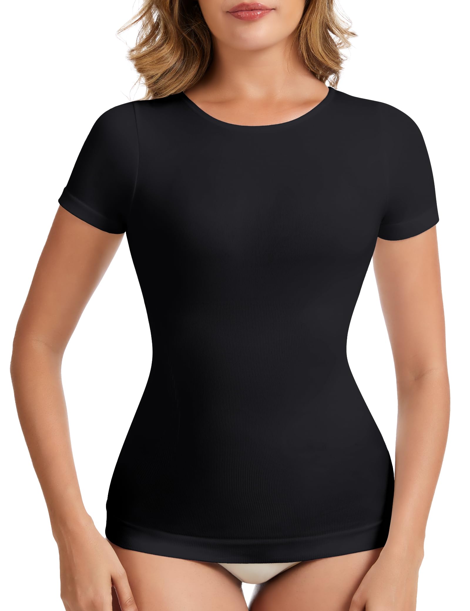 MISS MOLY Shapewear Damen T-Shirt Bauch Weg Kompressionsshirt Nahtloses Compression Shirt Figurformendes Tops Body Shaper Shirt Yoga Gym Top für Workout