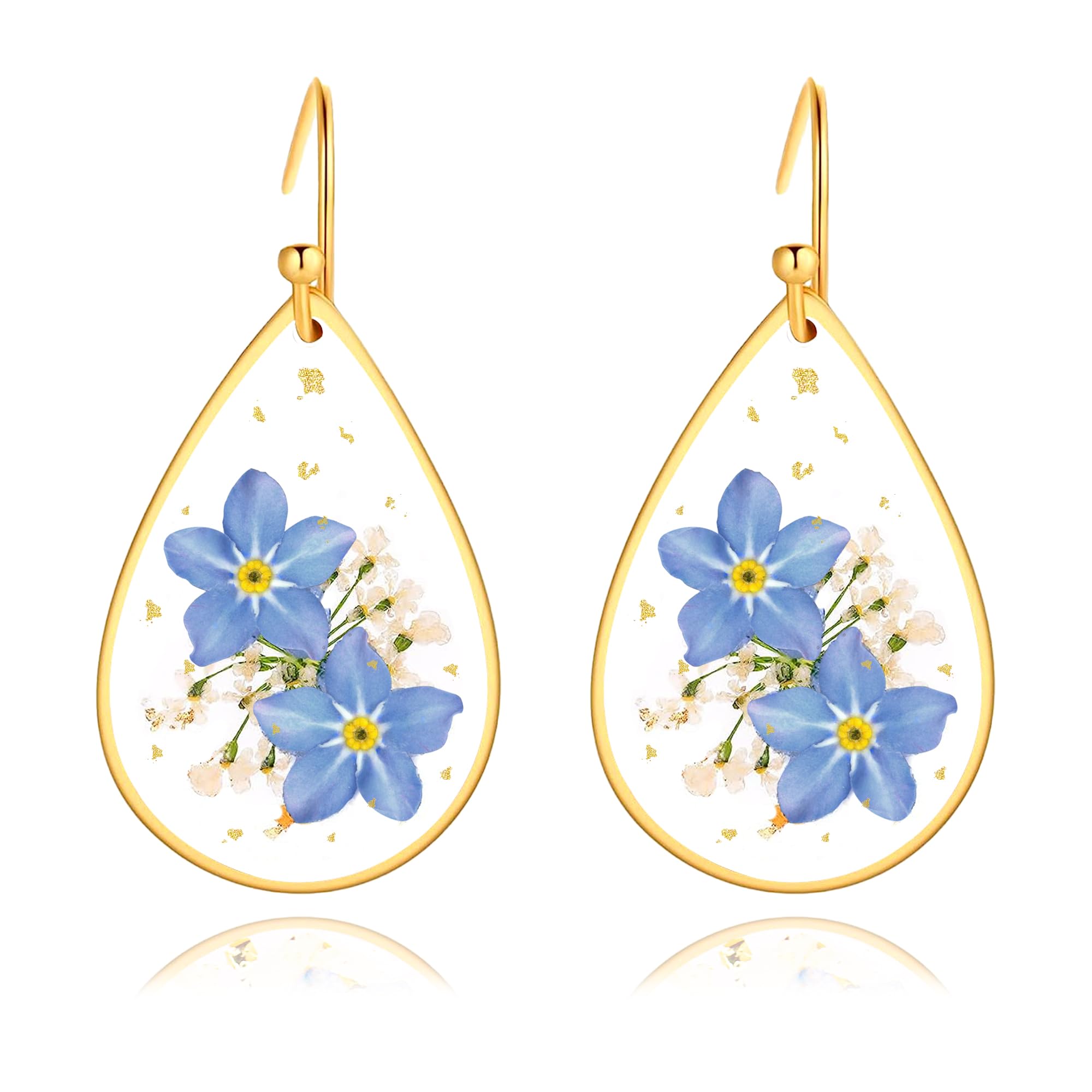 SereneyForget Me Not Pressed Flowers Earrings, Dainty Sterling Silver Earrings as Memorial Gifts, Blue Flower Teardrop Earrings Sympathy Gifts for Loss of Loved One Dangle Earrings for Mom