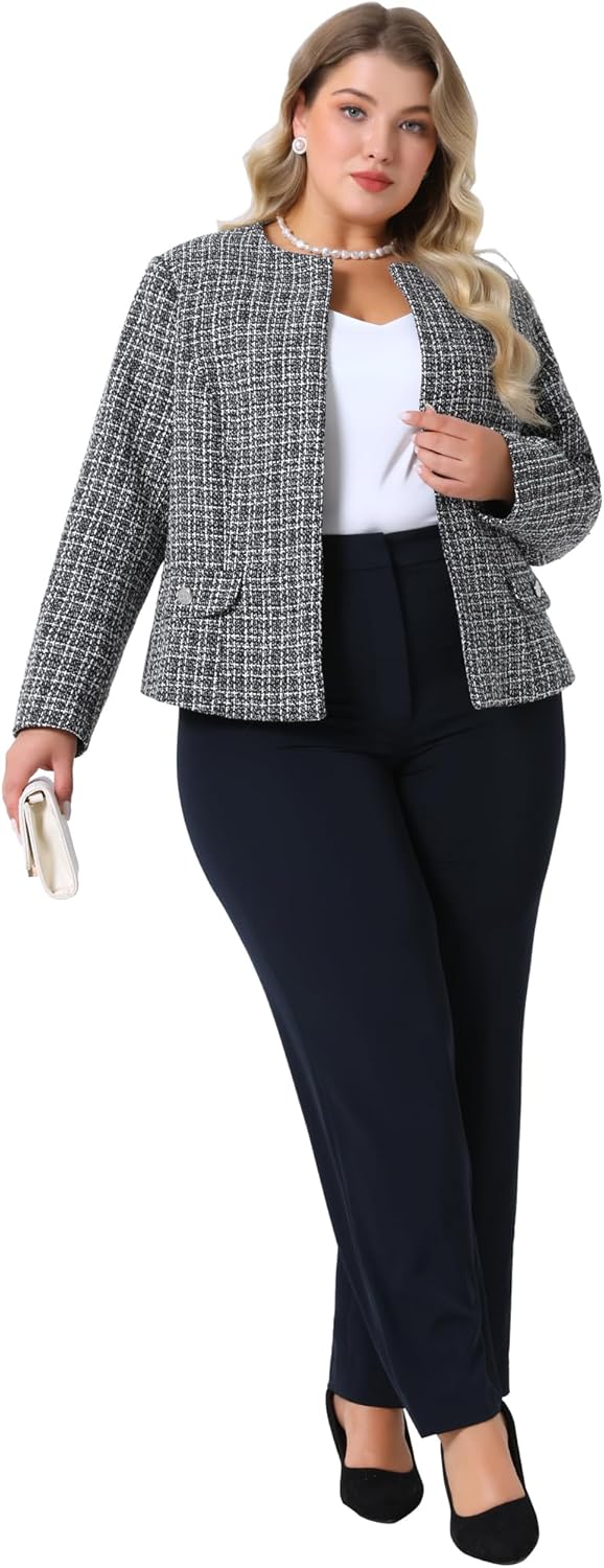 Agnes Orinda Plus Size Tweed Blazer for Women Collarless Long Sleeve Open Front Work Business Jacket Suits Casual 2025 - Image 3