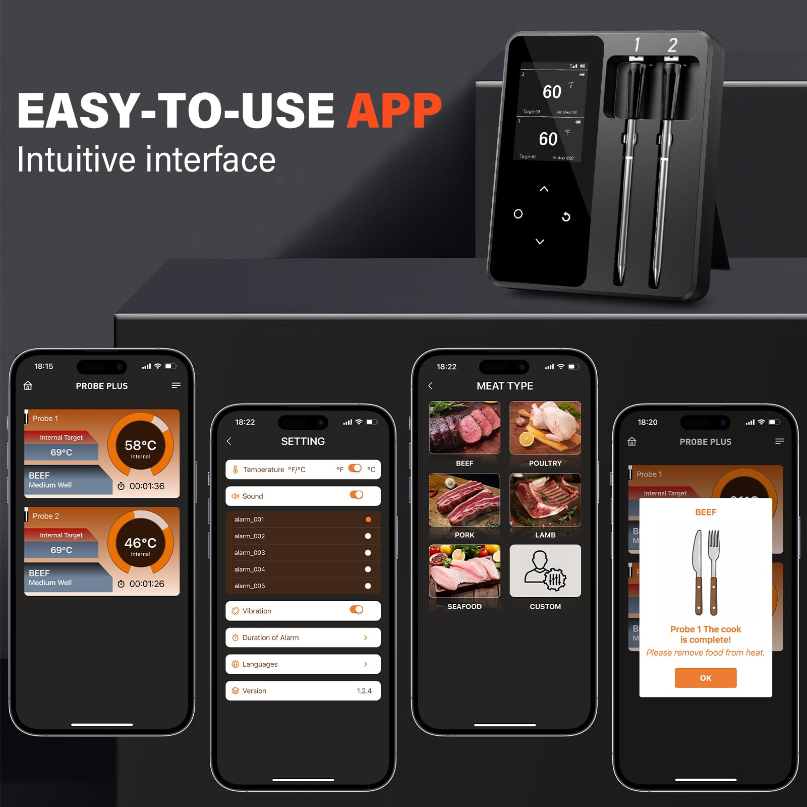Thermomètre Cuisine Sans Fil avec 2 Sondes, Grand Écran LCD, 130m Meat Thermometer Bluetooth avec Smart APP, Sonde Temperature Connectée pour Barbecue, Four, Grill, Fumoir, Rôtisserie, Airfryer