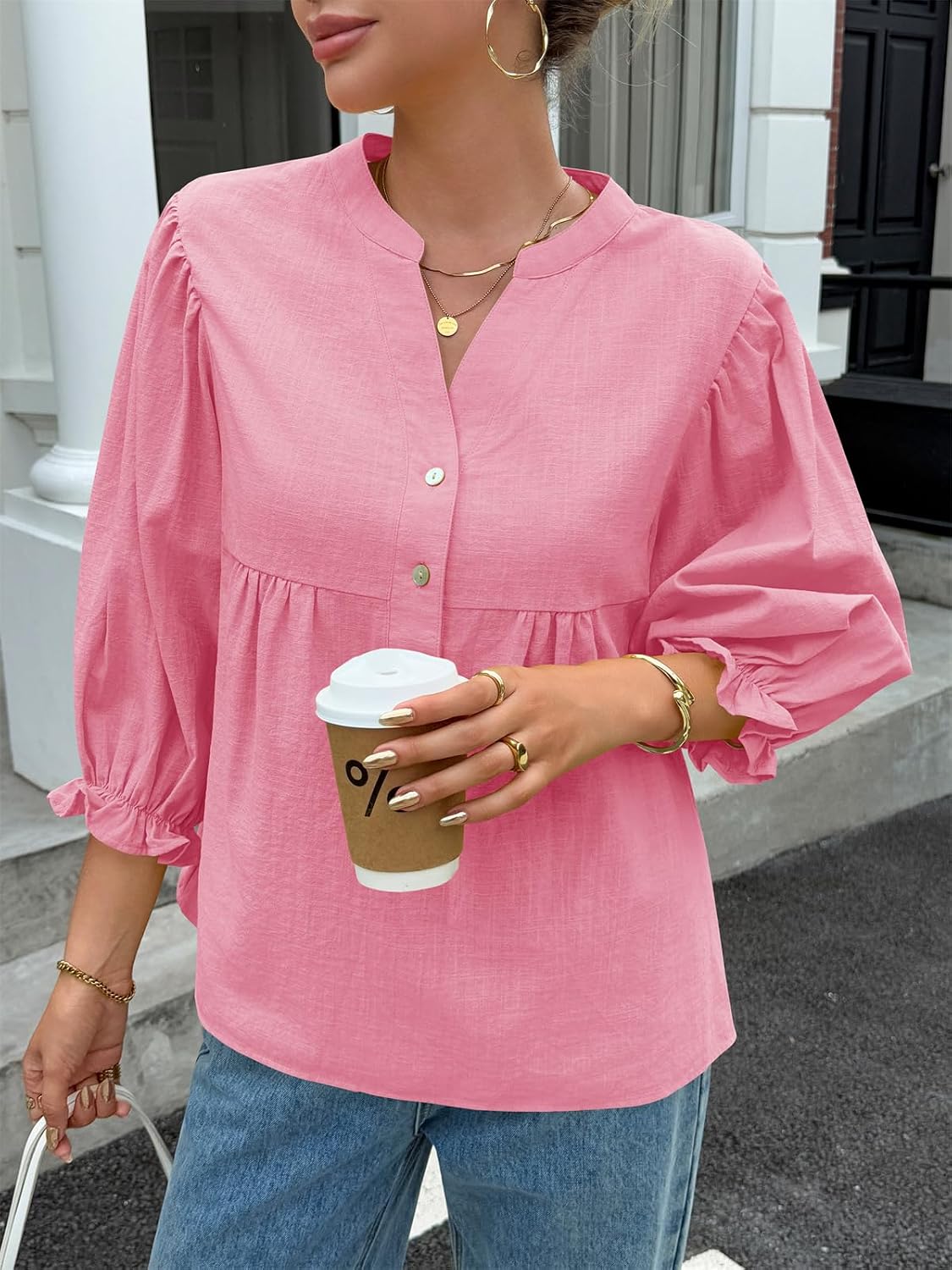 Tankaneo Womens Puff Sleeve Babydoll Tops V Neck Button Down Blouse Cute Casual Loose Fit Flowy Shirts