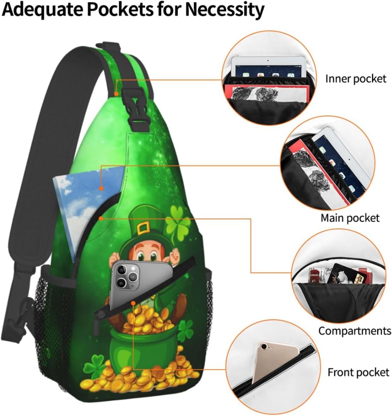 St Patrick's Day Sling Bag Crossbody Bags Clovers for Travel Running and Hiking for Men Women Gold Coin Elf 1 - Image 8