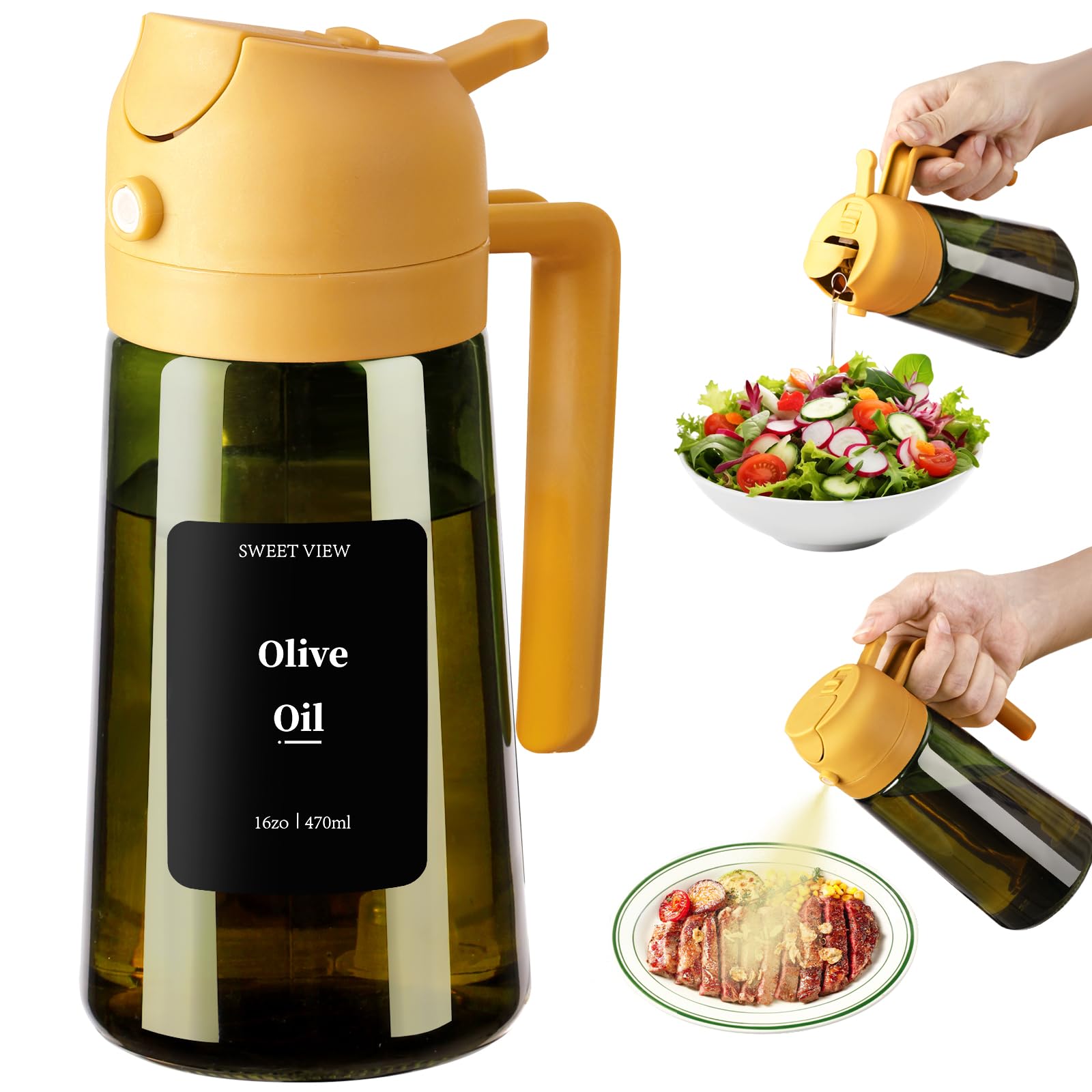 SWEET VIEW Olivenölspender und Ölsprüher – 470 ml Glas, lichtdichter Ölausgießer für Küche, Luftfritteuse, Kochen, Salat und BBQ