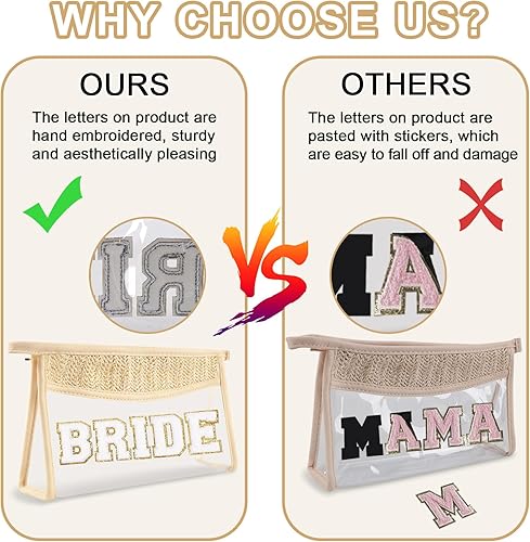 Miniatura 4 de Iqimott Bolsa de maquillaje transparente con parches bohemios, bolsa de maquillaje con cremallera impermeable, bolsa de aseo, Novia-Beige