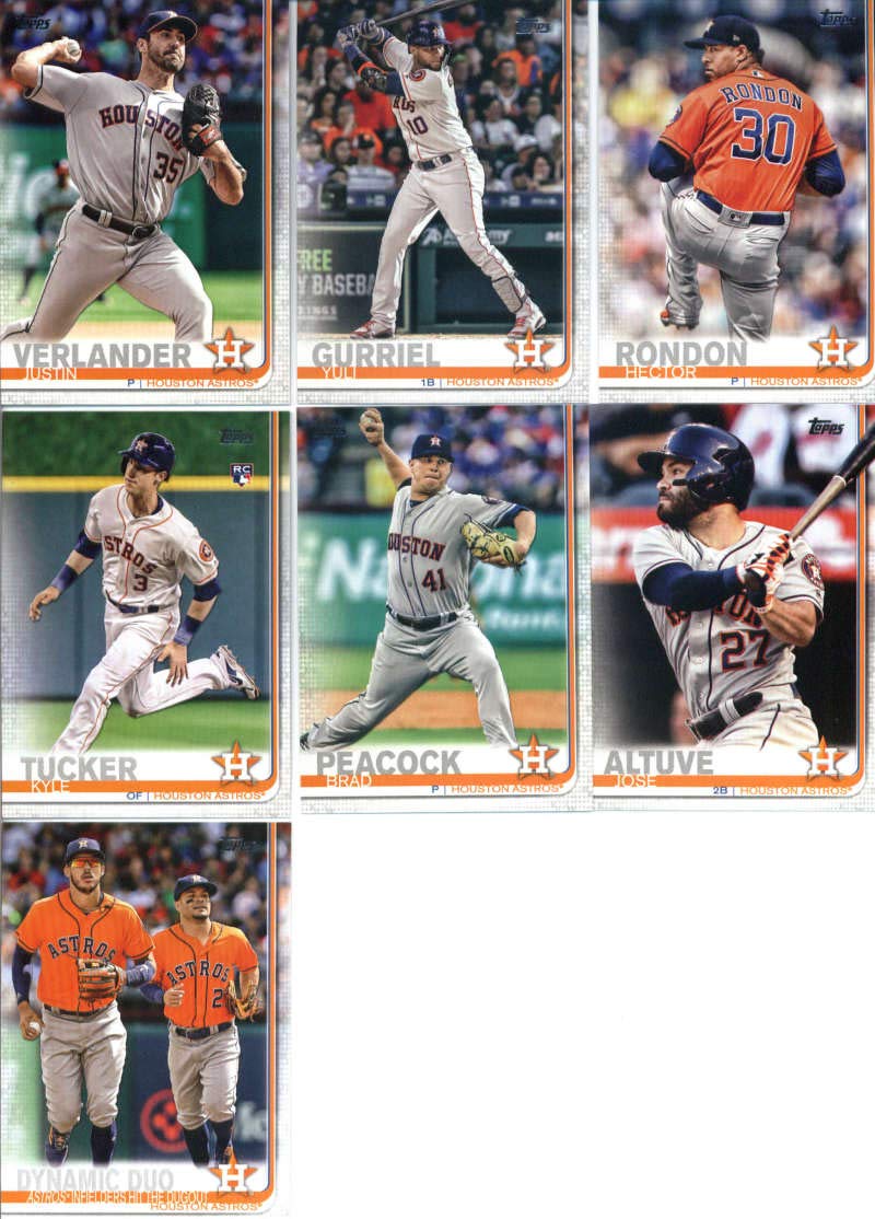 2019 Topps Series 1 Baseball Houston Astros Team Set of 12 Cards: Carlos Correa(#32), Yuli Gurriel(#55), Justin Verlander(#57), Kyle Tucker(#60), Hector Rondon(#91), Brad Peacock(#136), Minute Maid Park(#159), Charlie Morton(#169), Jose Altuve(#178), Dynamic Duo(#294), Brian McCann(#322), George Springer(#323)
