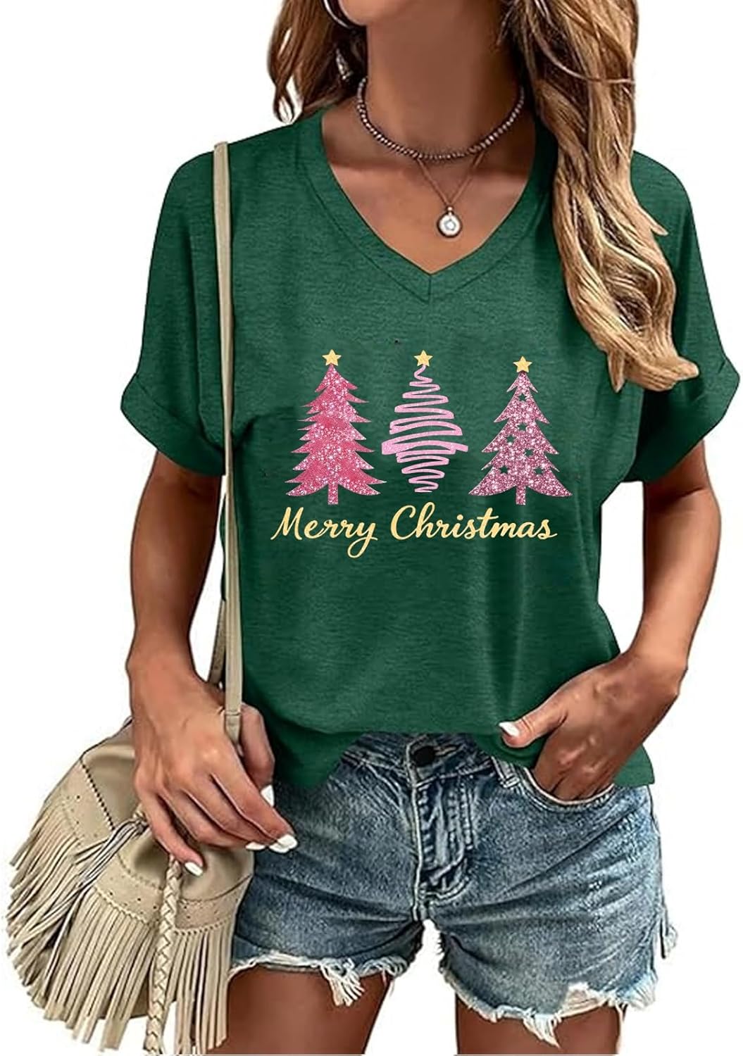 Christmas Shirts for Women Xmas Tree Graphic V Neck Tshirts Merry and Bright Holiday Causal Gifts Tee Tops