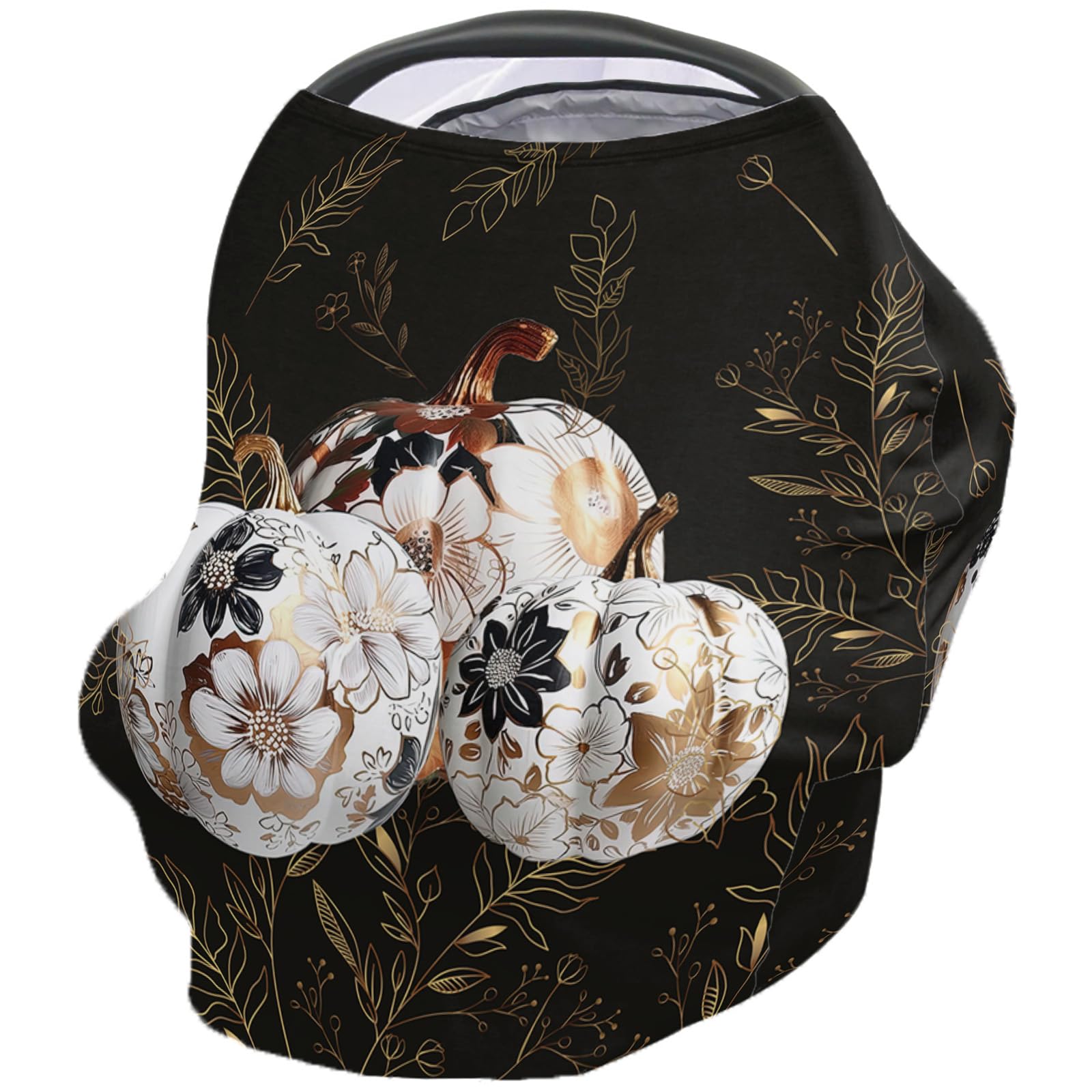 Nursing Cover for Breastfeeding Scarf, White Pumpkin Gold Floral Leaf Thanksgiving Black Baby Car Covers Super Soft Multi Use for Canopy Shopping Cart Cover Blanket Stroller Cover
