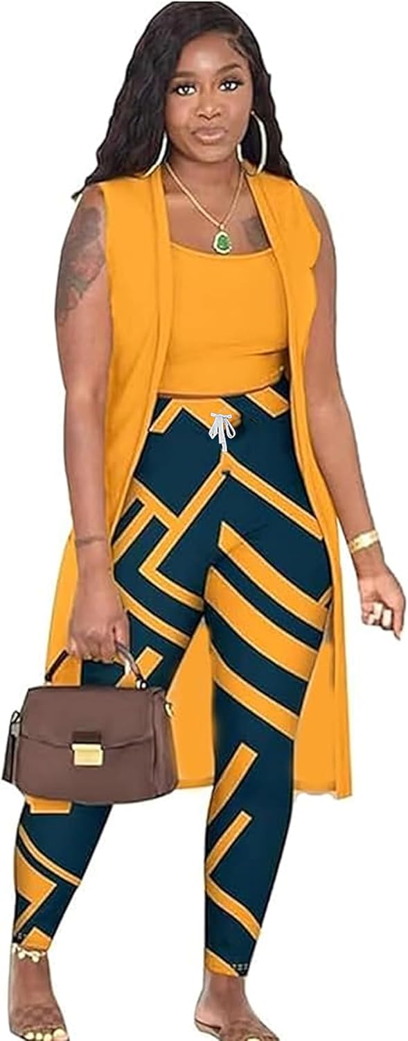 Women's 3 Piece Lounge Pants Set Pajamas Long Cardigan Crop Tank Tops with Drawstring Loungewear Outfit