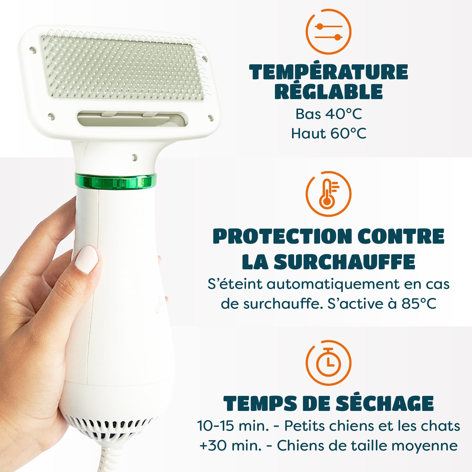 Sèchoir pour Chien et Chats 2 en 1 | Séchoir Pulseur Portable et Silencieux avec Brosse à Lisser | Température Ajustable | pour Chiens et Chats Petits et Moyens