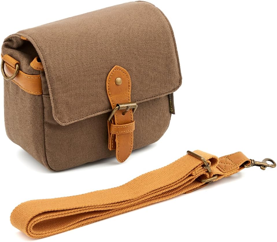 Compact SLR/DSLR Camera Shoulder Bag Evecase Small Canvas Shoulder Pouch Case for 4/3 Micro Four Third/Compact System/Mirrorless/Power Zoom/Instant Instax Film Digital Camera- Brown