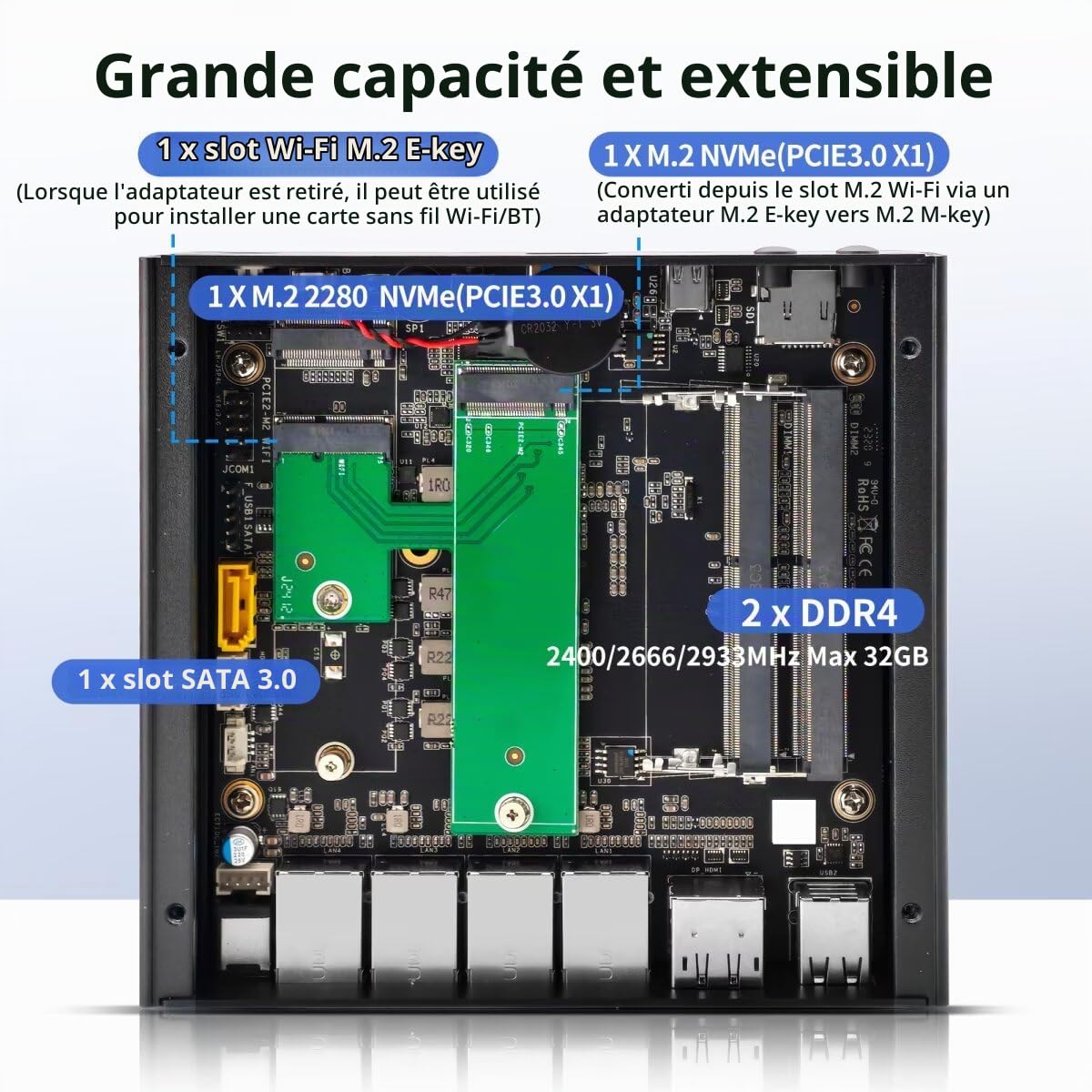 Mini PC Firewall Fanless N5105, 4 x Ports LAN 2.5GbE, Barebone avec Double RAM DDR4 Et SSD NVMe, Triple Affichage, Emplacement pour Carte TF, Compatible avec OPNsense Et AES-NI
