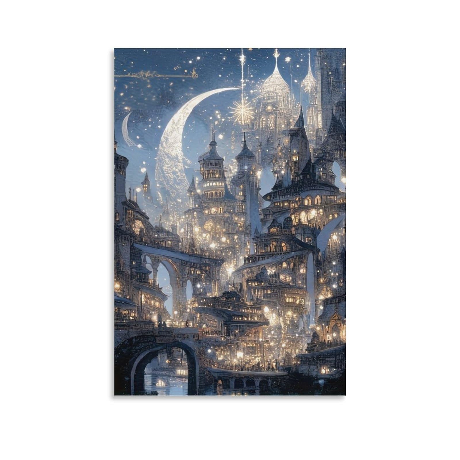 DHBANEIOK Fantasy City Night Poster Artwork Giclee Canvas Prints Modern Canvas Wall Art Picture Wall Hanging for Office Gym Living Room Decor 16x24inch(40x60cm)