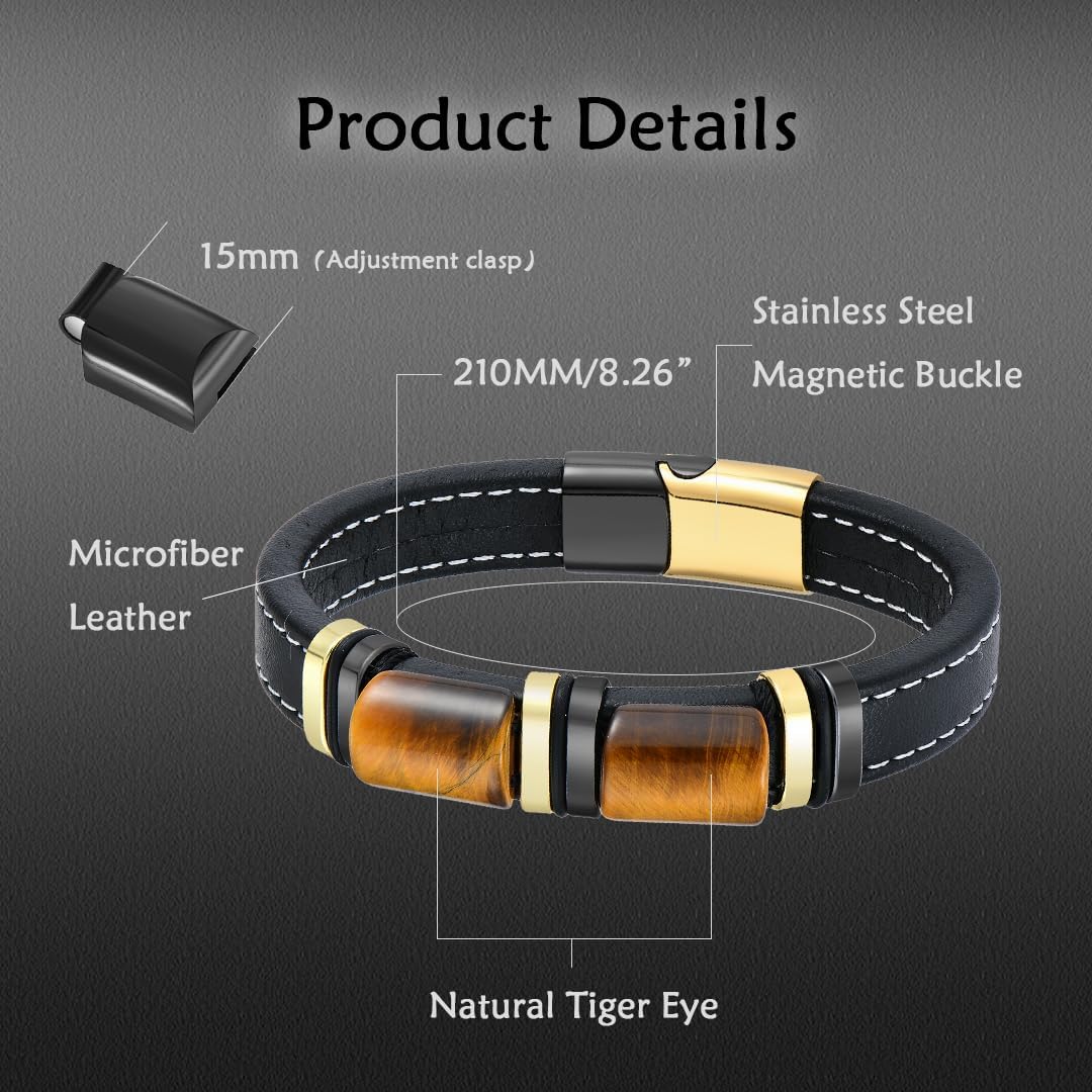 Mens Tiger Eye Bracelets Microfiber Leather Cuff Bracelet for Men Gifts on Father's Day Christmas Anniversary Birthday - Image 4