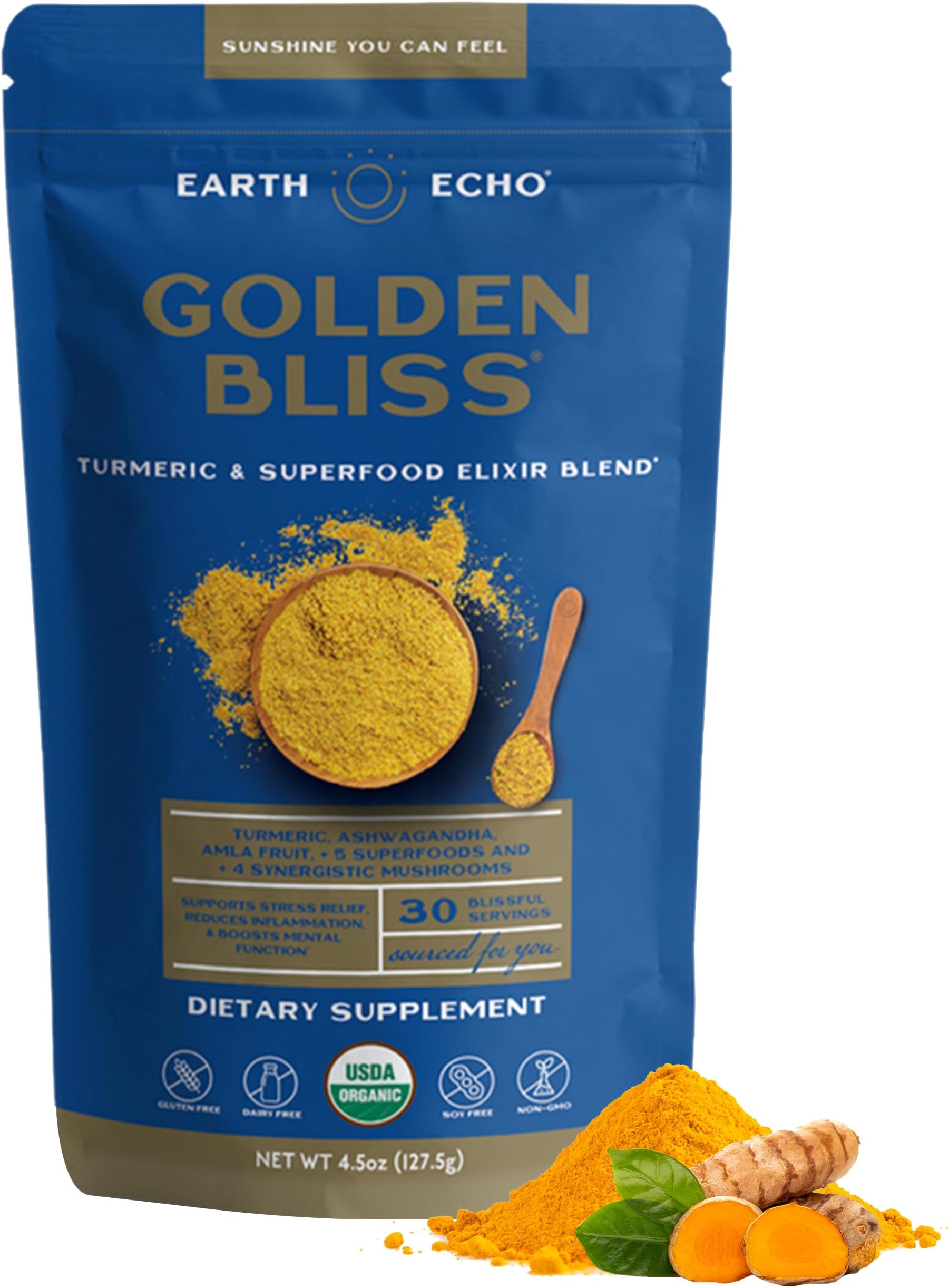 Earth Echo Golden Bliss - Organic Golden Milk with Turmeric and Ginger - Nighttime Superfood Mix for Relaxation & Sleep - Milk Powder for Baking & Latte - Vegan, Dairy-Free, Keto-Friendly, 30 Servings