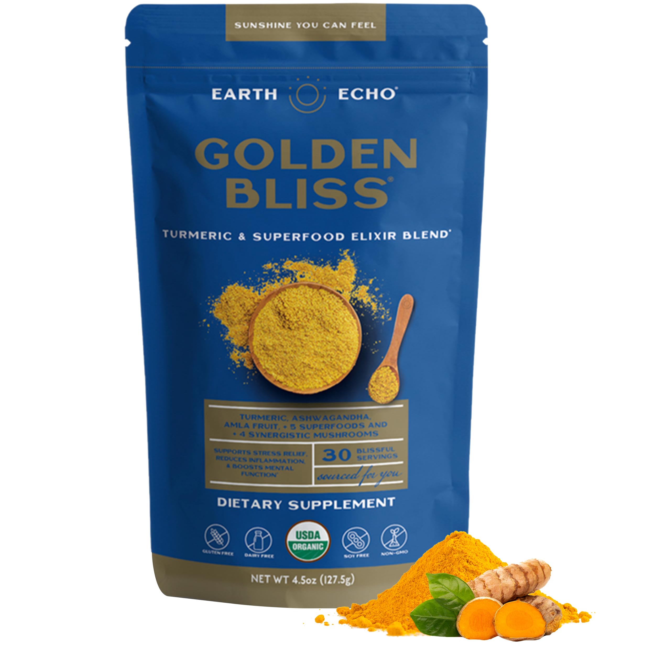 Earth Echo Golden Bliss - Organic Golden Milk with Turmeric and Ginger - Nighttime Superfood Mix for Relaxation & Sleep - Milk Powder for Baking & Latte - Vegan, Dairy-Free, Keto-Friendly, 30 Servings