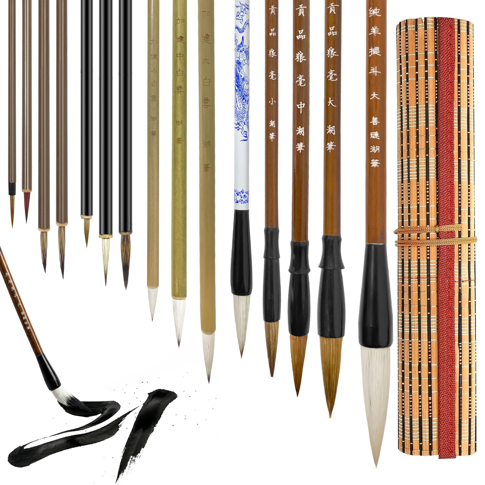 L&W Luck 12 Pièces Pinceaux de Calligraphie Chinoise,Stylo Calligraphie,Sac à Pinceaux,Tailles Mixtes Pinceau Japonais Sumi éCriture Dessin pour DéButants (15)