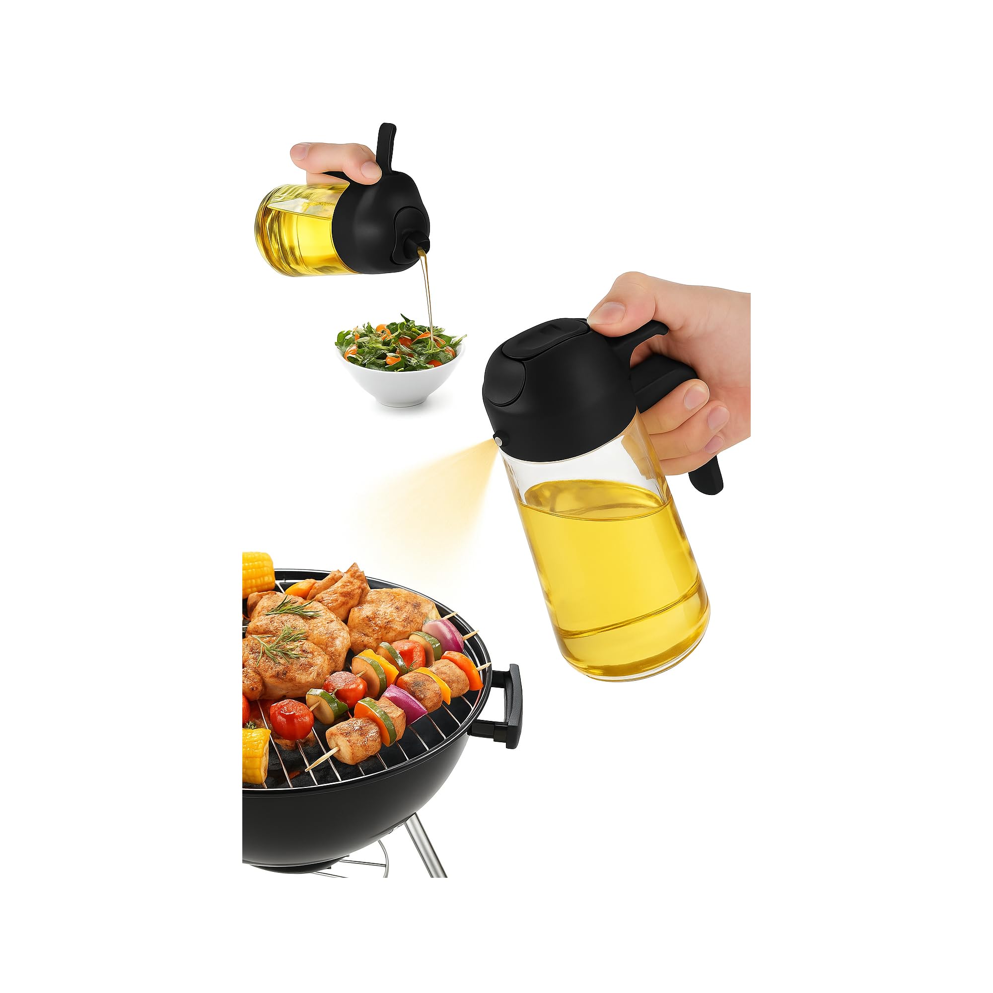 SAHAL EDGE MART 2025 New 2-in-1 Olive Oil & Vinegar Sprayer & Dispenser - 16oz Glass Bottle with Adjustable Nozzle | Refillable Non-Drip Spray Bottles for Cooking, BBQ, Salad & Air Fryer - Black