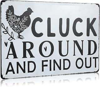 8 x 12 Inches Funny Chicken Coop Sign 'Cluck Around And Find Out' Tin Sign Metal Tin Plaque Decorations for Home Farm Chicken Coop Farmhouse Kitchen Garden