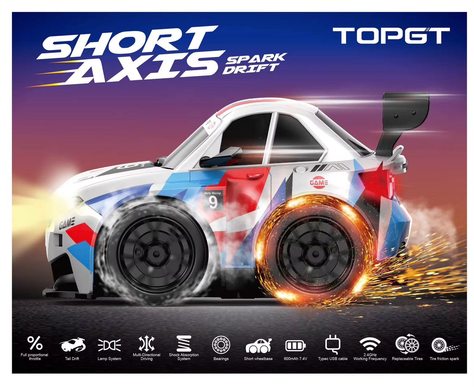 TIUDTOY High-Speed RC Drift Car with Spark Effect | Short Axis 2.4GHz Remote Control Racing Toy with LED Lights & Replaceable Drift Tyres for Kids & Adults 1