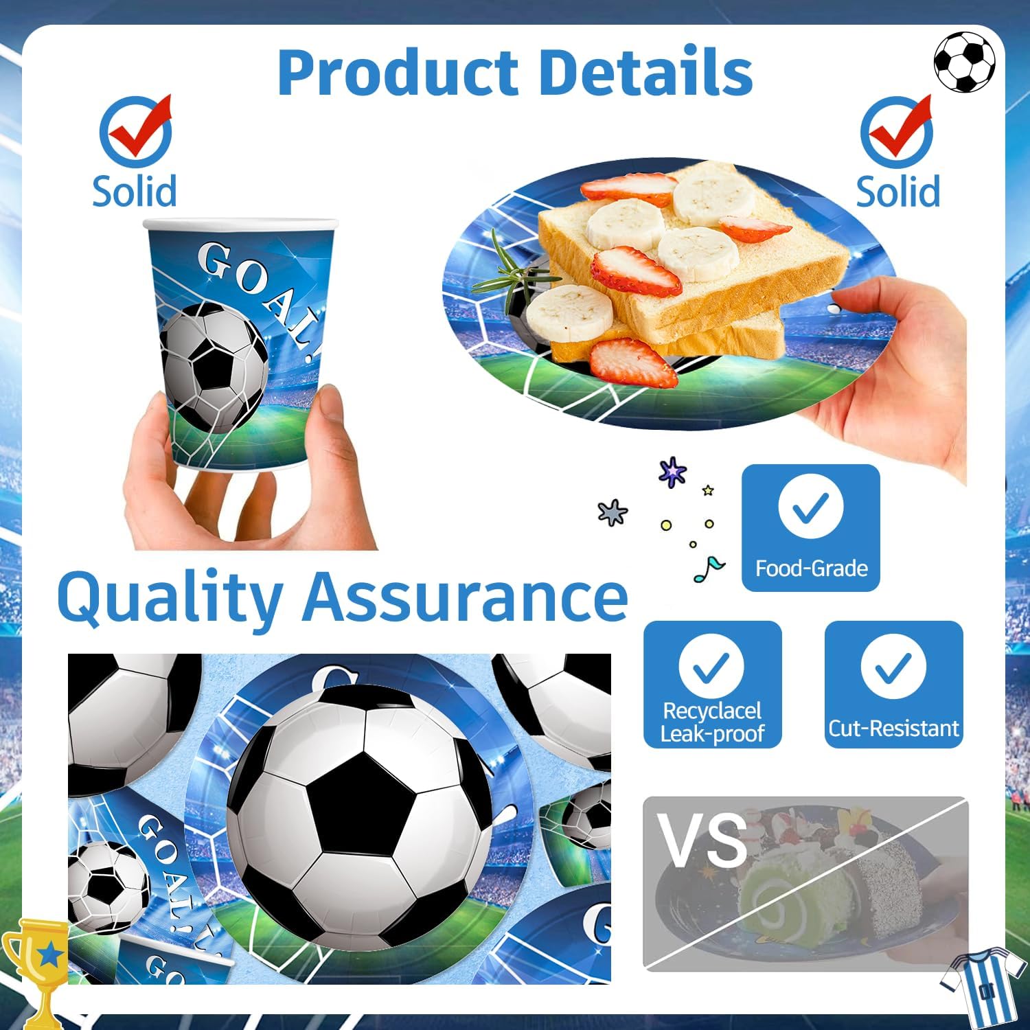 179pcs Soccer Birthday Party Decorations Complete Party Tableware Set, for 25 Guests, Soccer Party Decorations includes HD Printed 300 gsm Thick Paper Plates, Waterproof Tablecloth - Image 4