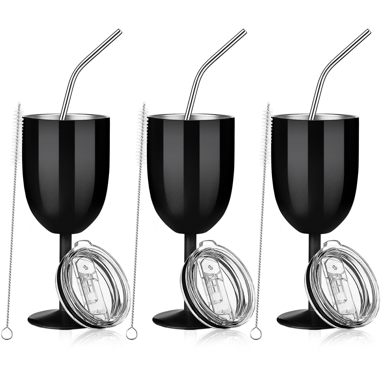 Geiserailie 3 Pcs Stemmed Stainless Steel Wine Glasses with Lid Double Wall Insulated Wine Tumbler with Drinking Straw and Straw Brush 10 oz Cups for