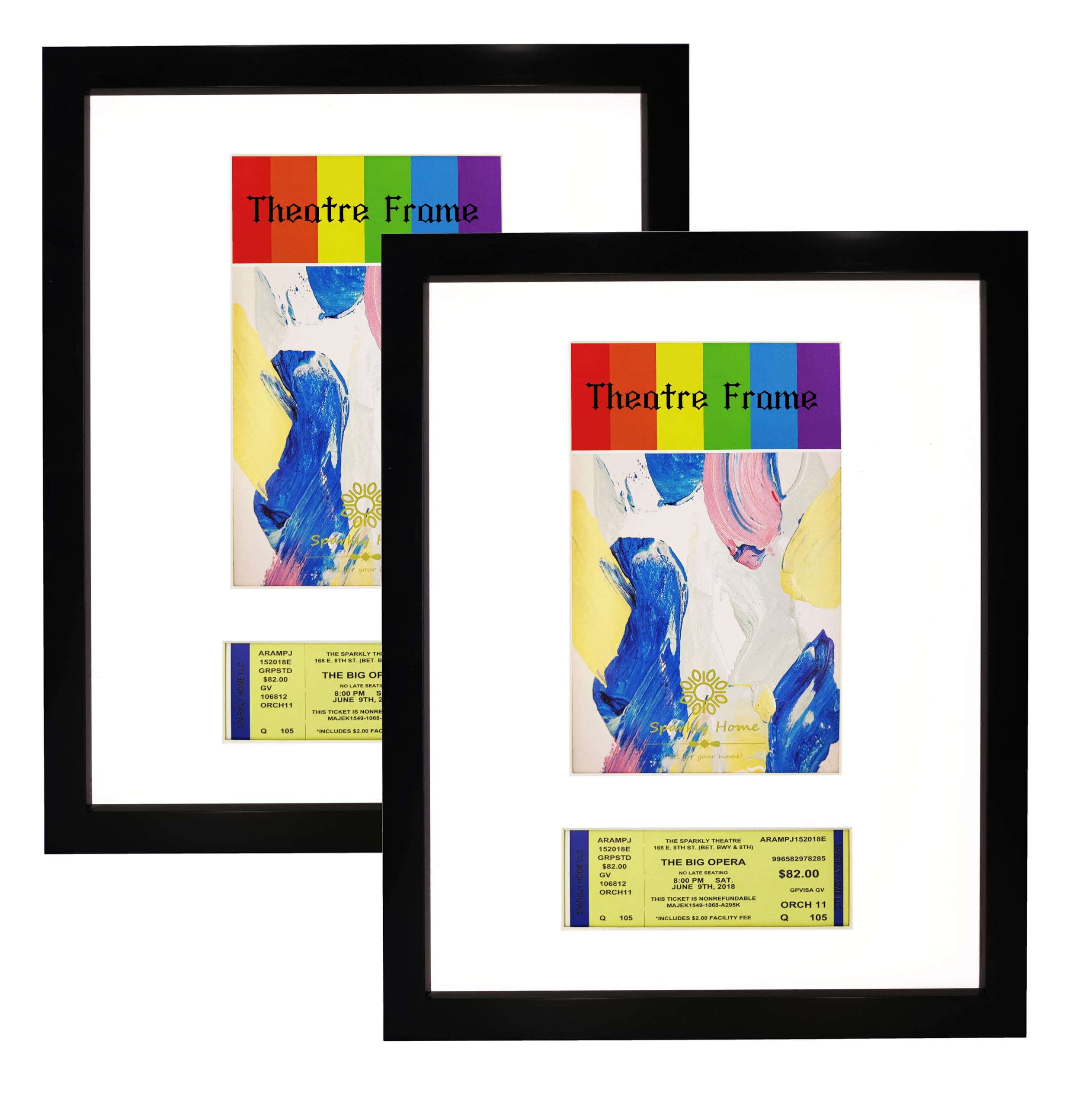 SparklyHome 2 Packs, 11x14 Black Theatre Frame with Double White Mats, Theatre bill Frame, Holds 5.5x8.5-inch Theatre bill & Ticket for Wall Display