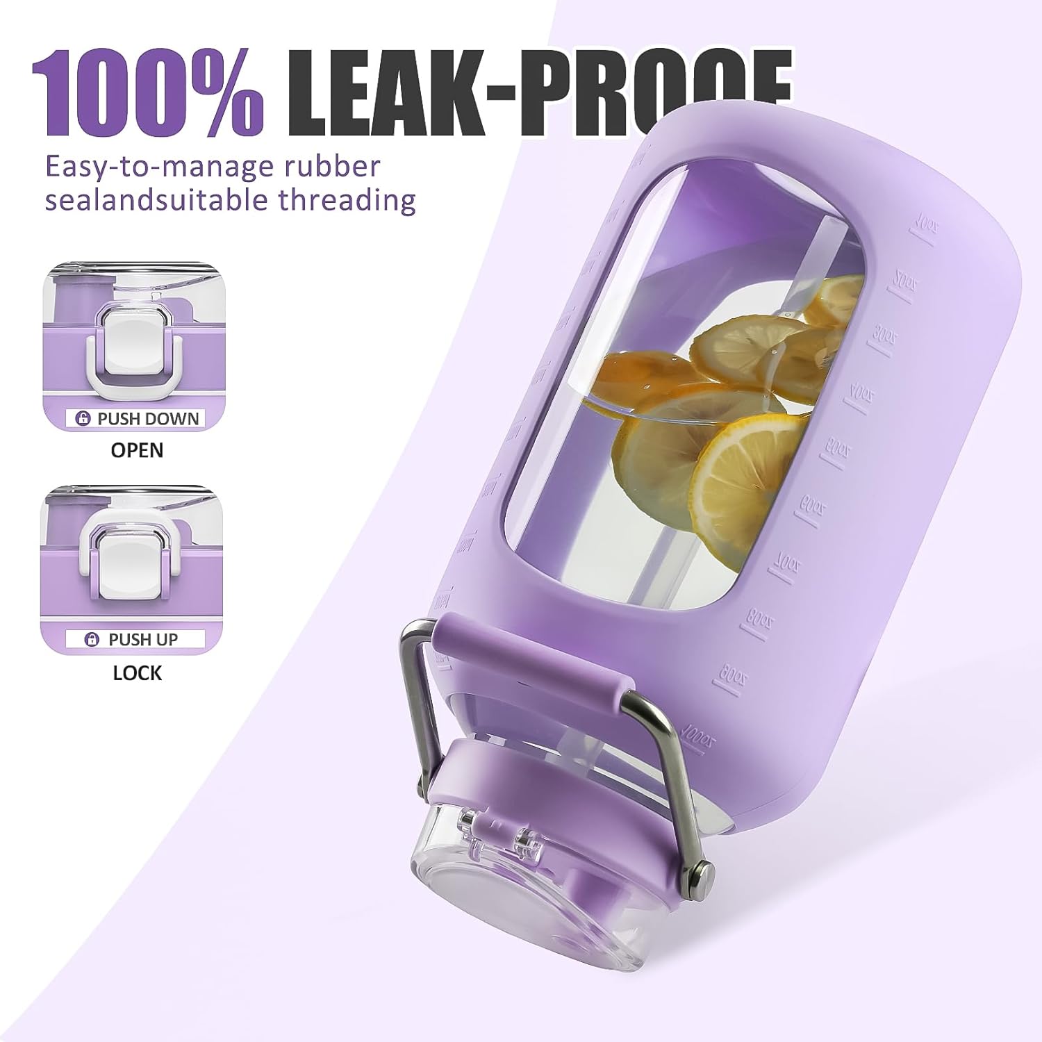 Large Glass Water Bottles with Stainless Steel Handle,100 oz Gallon Drinking Bottle with 2-in-1 Straw Lid,3 Liter Glass Water Jug with Silicone Sleeve,Wide Mouth,Purple - Image 4