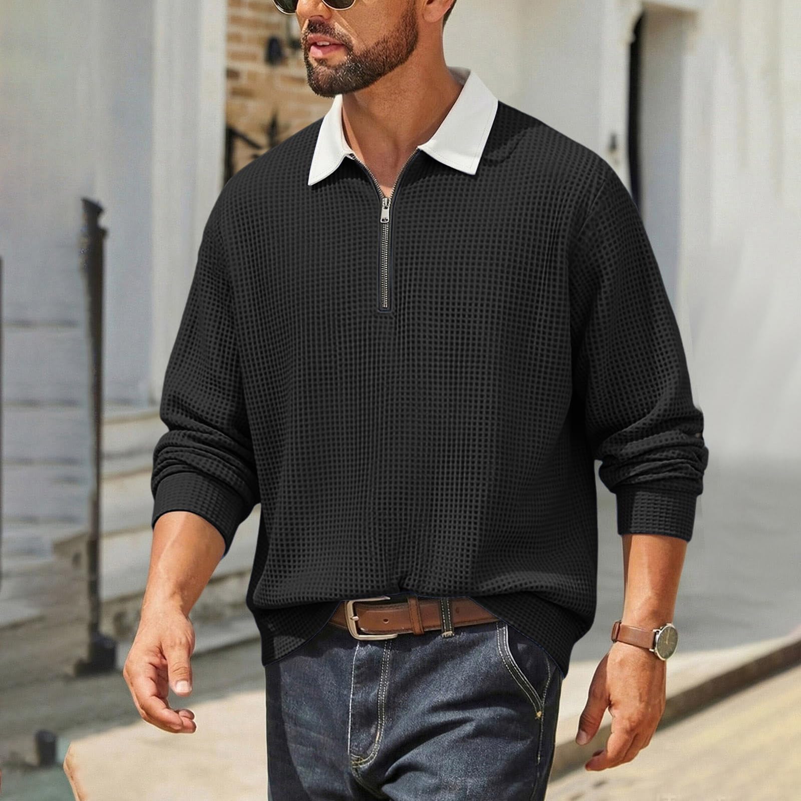 Polo à Manches Longues Homme Demi-zippé en Tissu gaufré, col contrasté, Coupe décontractée Douce et Chaude, modèle Classique adapté Quotidien et mi-Saison