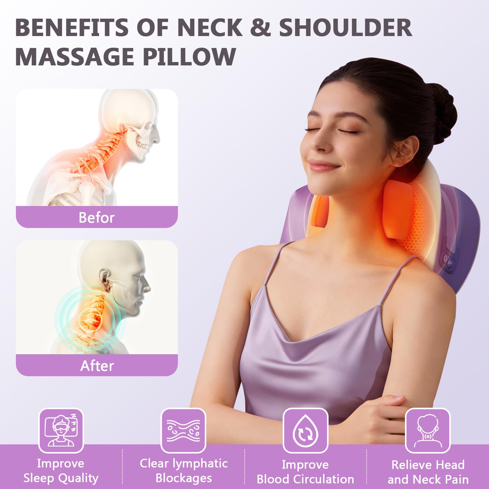 Nackenmassagegerät Elektrisch mit Wärme, Shiatsu Massagegerät, Zervikales Nacken Rücken Massagegerät, 3D-Nackenmassage mit 3 Modi, 6 Einstellbare Frequenzen, Entspannungskissen für Nacken Zervikales