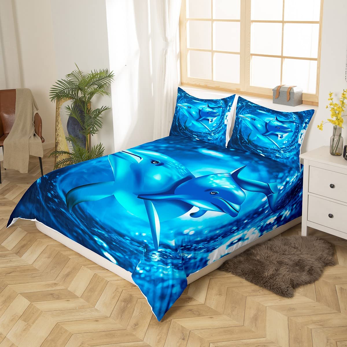 Loussiesd Kid Dolphin Bedding Set Cute Dolphin Duvet Cover Marine Life Comforter Cover for Children Boys Girls Sea Animal Blue Wave Decor King Bedspread Cover Decor Microfiber Bedclothes - Image 3