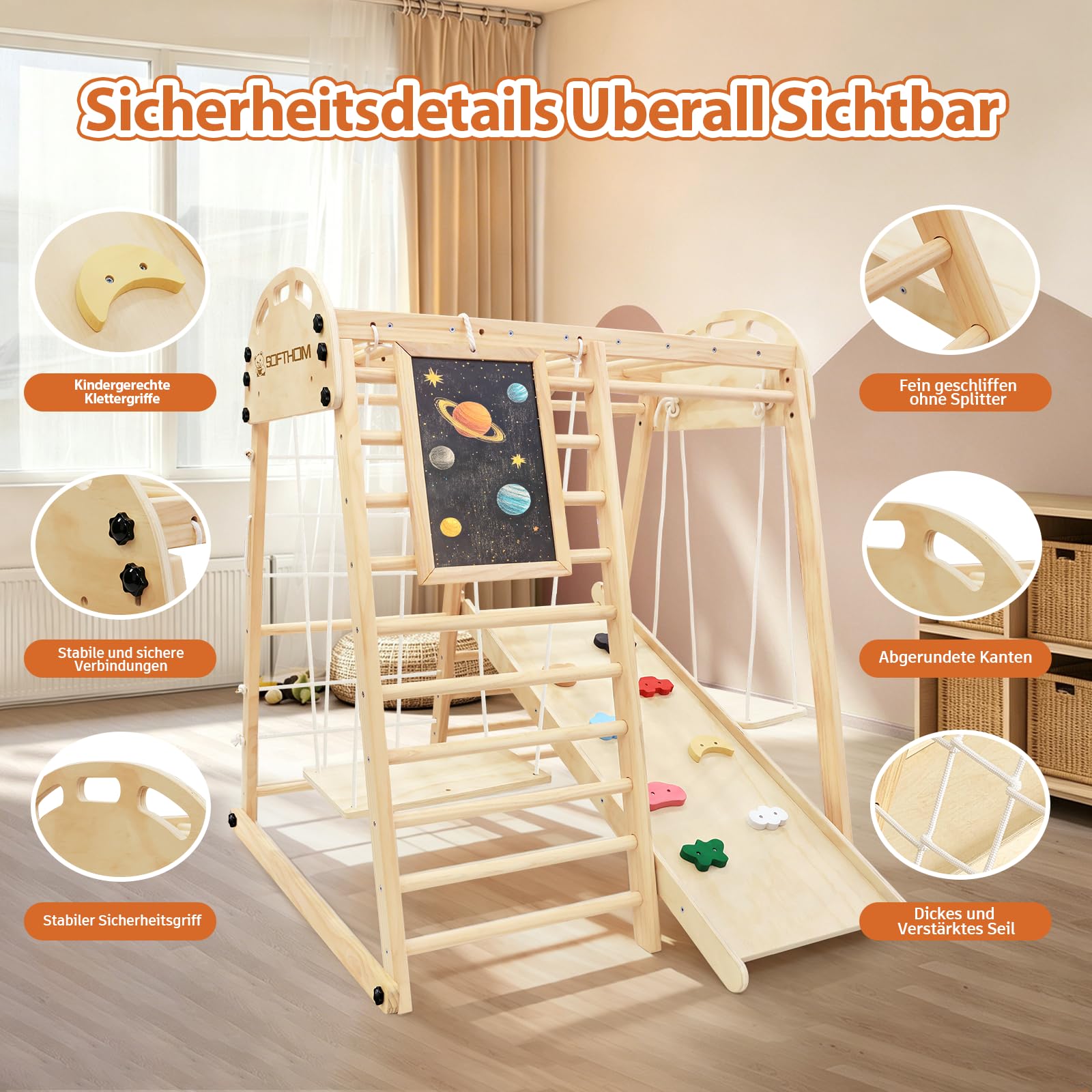 Klettergerüst Indoor Klappbar, Spielplatz für Kinder ab 1 Jahr | Montessori Kletterausrüstung Kinder mit Tafel, Rutsche, Schaukel, Kletterdreieck, Kletternetz, Natur Holz Kinderzimmer