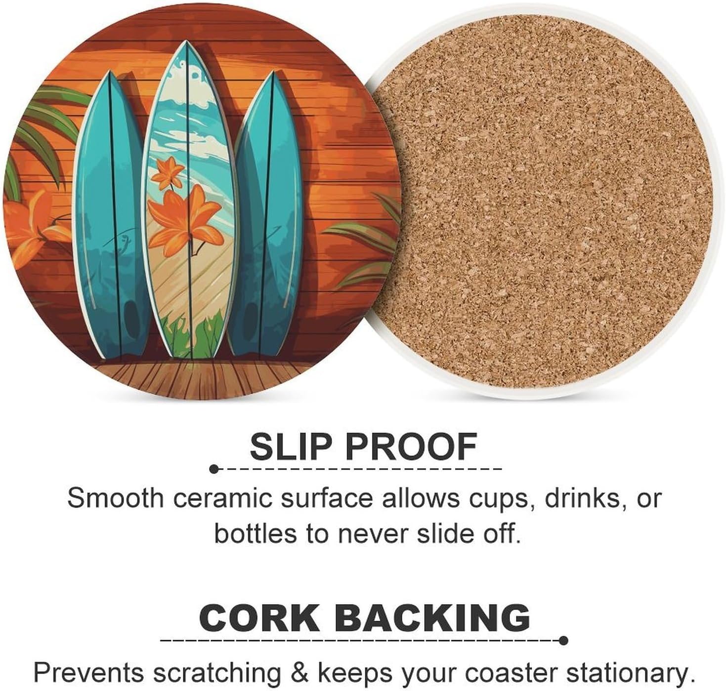 Surfboard on Wooden Coaster with Cork Base Drink Coasters for Coffee Table Decor Modern Cup Coasters with Non-Slip & Heat-Resistant Cute Ceramic Table Coaster for Home Dining