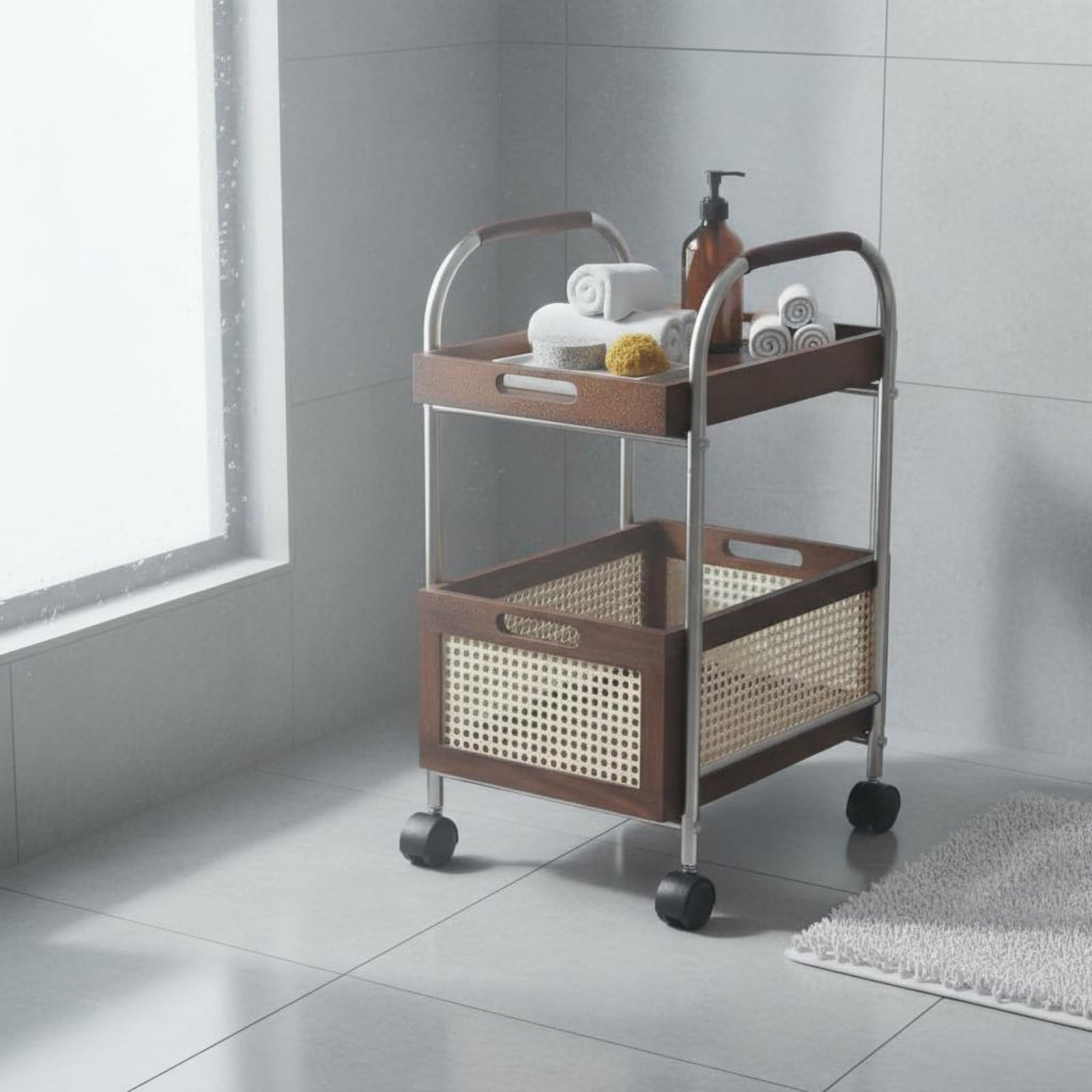 Carrello Portaoggetti Multistrato Carrello Due Ripiani Carrello con Ruote Carrello da Servizio Stile Retrò con Elementi in Rattan E Vassoi in Legno, Natural, Wave Tray