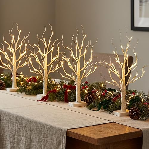 Miniatura 2 de EAMBRITE Árbol de abedul con luces LED para decoración de Navidad en interiores, árbol de mesa iluminado de 22 en 24 LED, ramita blanca, funciona