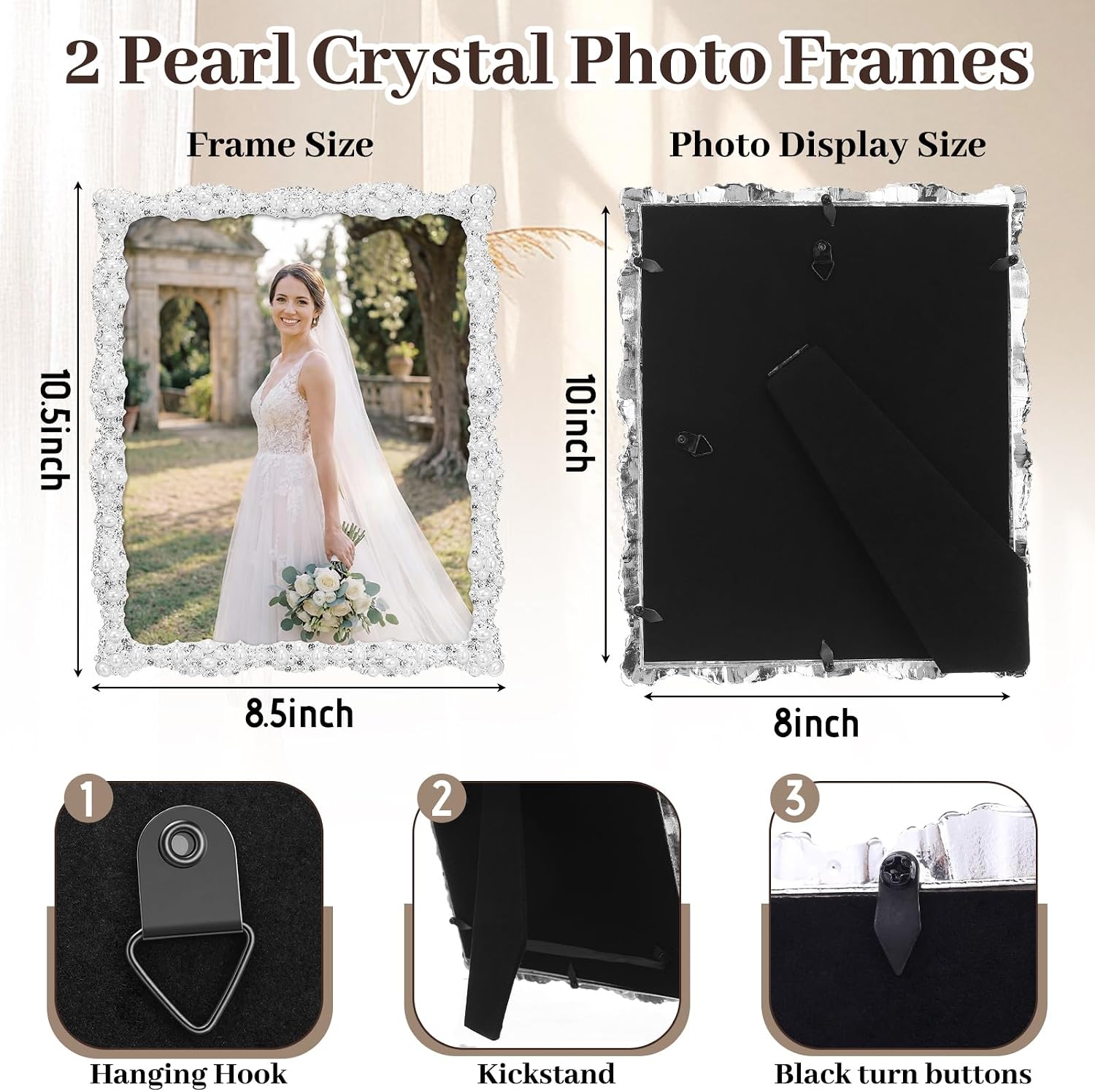 2 Pcs 8x10 Picture Frame with Pearl for Wedding Silver Plated Photo Frames with High Definition Glass Rhinestones Tabletop Wall Display for Wedding Gift Bridal Shower Engagement