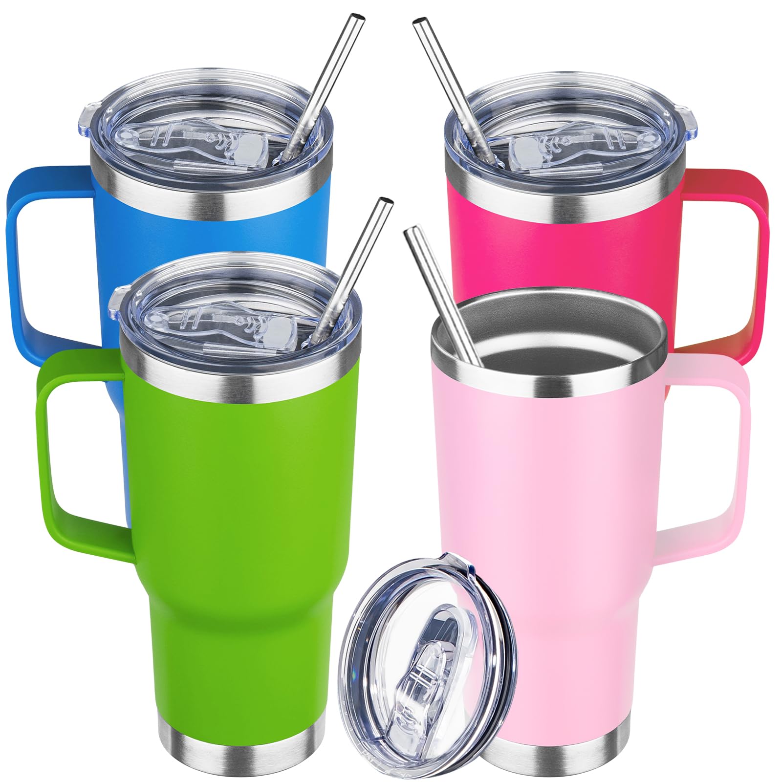 Trinkbecher mit Griff, Edelstahl, isoliert, mit Deckel und Strohhalm, doppelwandig, vakuumisoliert, auslaufsicher, Reisebecher für heiße und kalte Getränke, 590 ml, verschiedene Farben