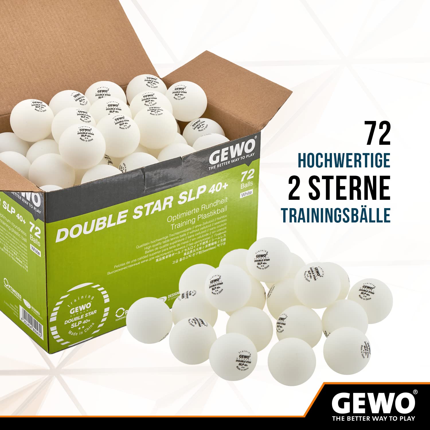 GEWO Double Star SLP Lot de 72 balles de Tennis de Table 2 étoiles en Plastique 40+ sans Couture – Balles d'entraînement Professionnelles – 72 balles de Tennis de Table de qualité supérieure Blanches