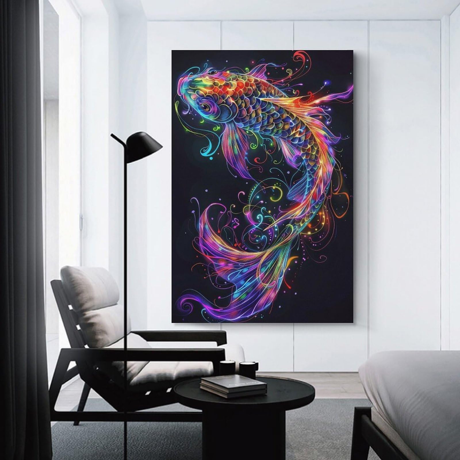 Junmoney Unframe-Style-8 Neon Koi Fish Canvas Wall Art 24X36inch(60X90cm), For Workspace Walls, Study Corners Or Bedrooms, Wall Art That Adds Style To Work Areas