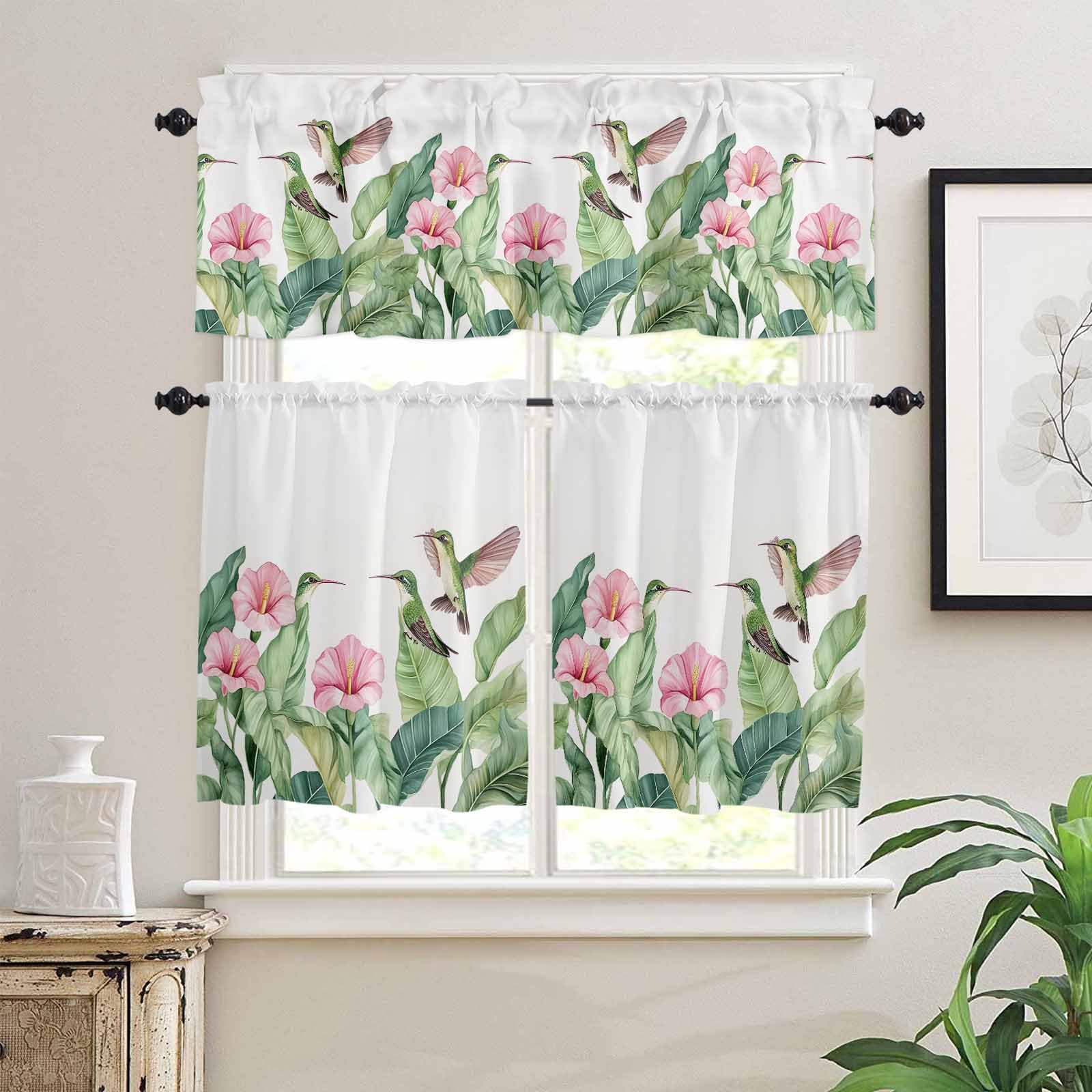 Tropical Plants Kitchen Curtains 36 Inch Length,3 Piece Rod Pocket Small Half Tiers and Valance Set,Summer Spring Flowers Palm Leaves Birds Small Large Window Treatment Decor for Bedroom/Bathroom