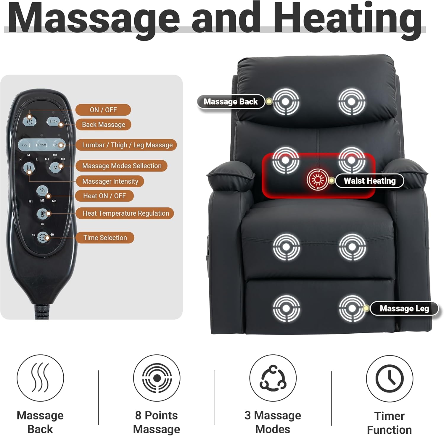 Power Lift Recliner with Stand-Assist Massage and Heat Function for Elderly, Dual Side Storage Pockets for Living Room and Small Space, Black