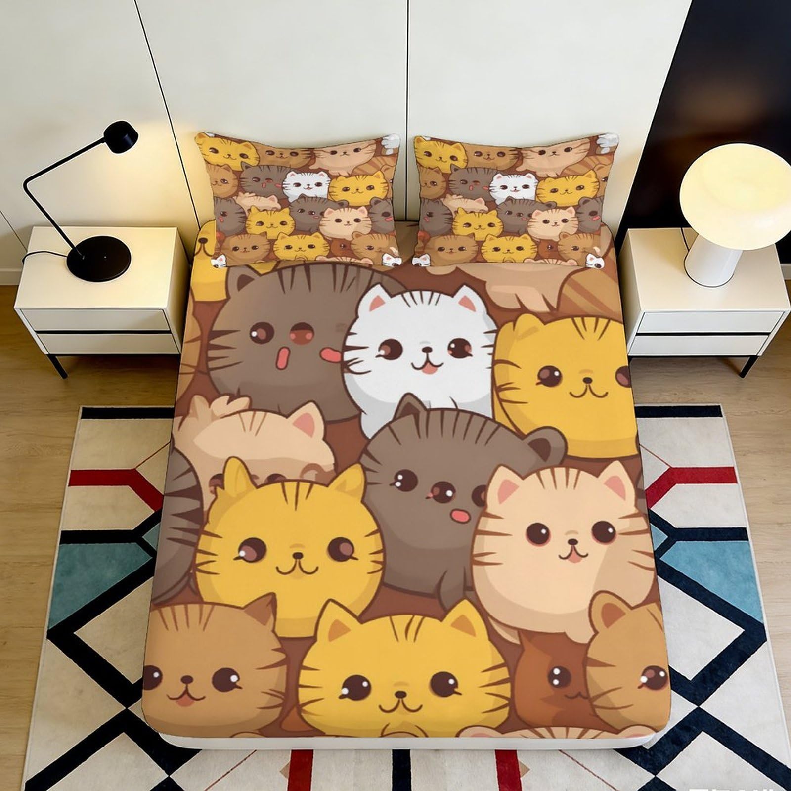 3D Printed Cute Cat Pattern Fitted Sheet Microfiber Soft Breathable Cartoon Kitten Mattress Cover for Bedroom Dorm Mattress Protection Decor 120x200x25cm