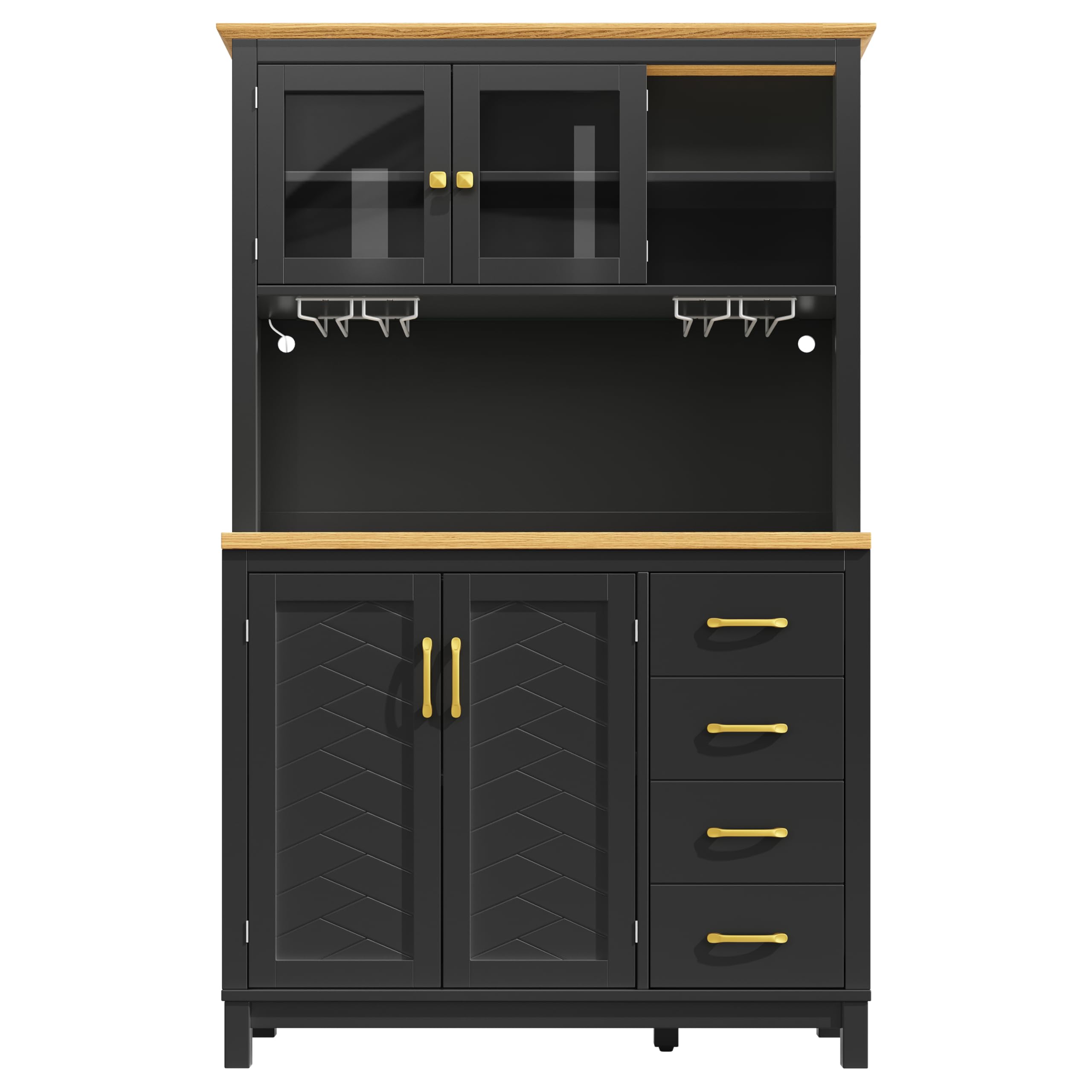 Mobile da cucina a buffet, 105,5 x 40 x 180 cm, stile rustico, 4 ante, con striscia luminosa a LED e porta bevande, verde/nero/bianco