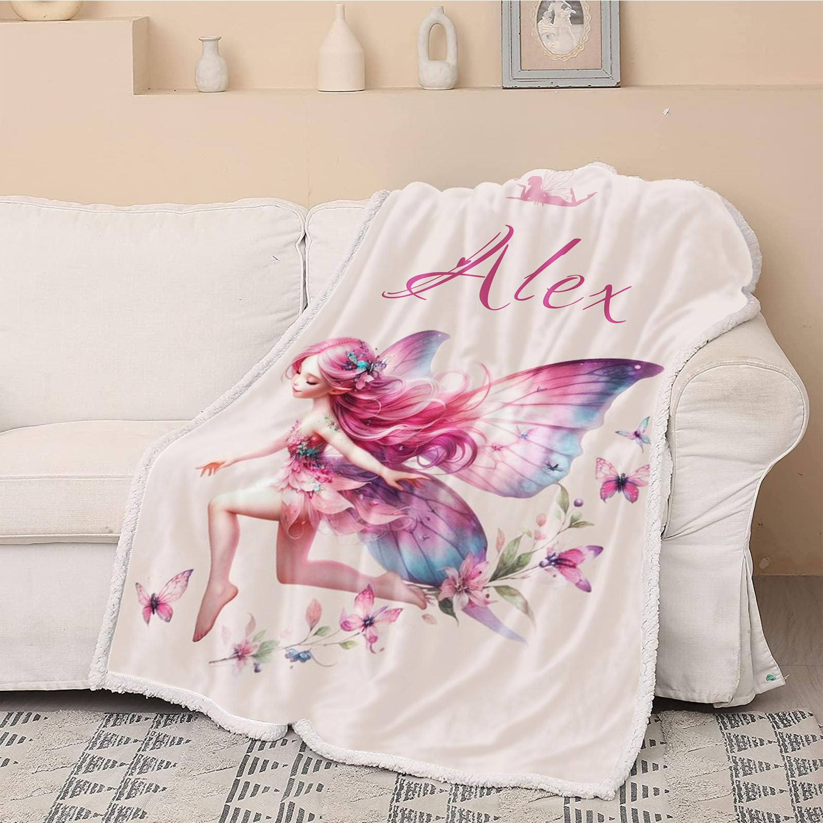Manta personalizada con nombre, manta de franela con diseño de hada de los elfos con nombres, manta de franela con mariposas individuales, mullida y cálida (A, 150 x 200 cm)