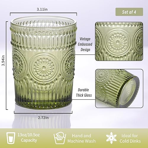Miniatura 2 de Juego de 4 vasos de vidrio vintage para beber de 10.5 onzas, vasos de agua verdes en relieve, para jugo, cerveza, cóctel, whisky, varias bebidas