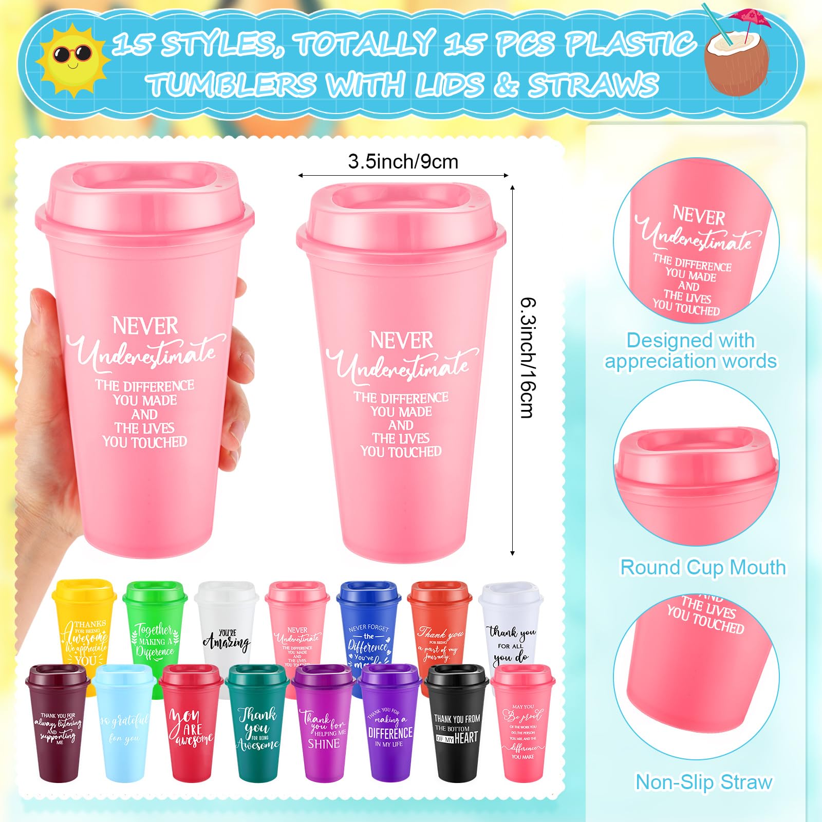 AmazingSpark Lot de 45 gobelets à café en plastique réutilisables avec couvercle et stylo pour le personnel, l'équipe et les enseignants (473 ml)