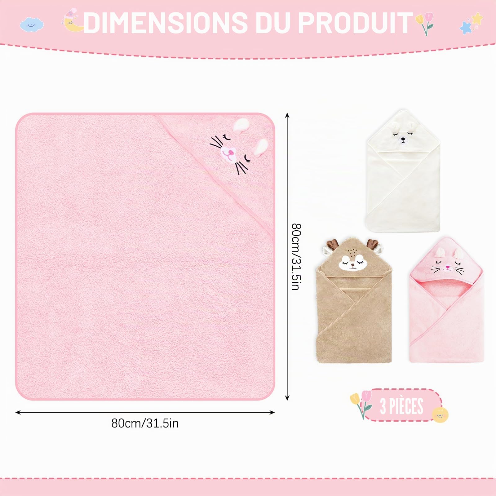 Lot de Serviettes de Bain à Capuche pour bébé - en Polaire Corail Moelleuse - Douce et Super absorbante - 80 x 80 cm - Serviette de Bain absorbante (3, Chat Rose avec cerf de Couleur café)
