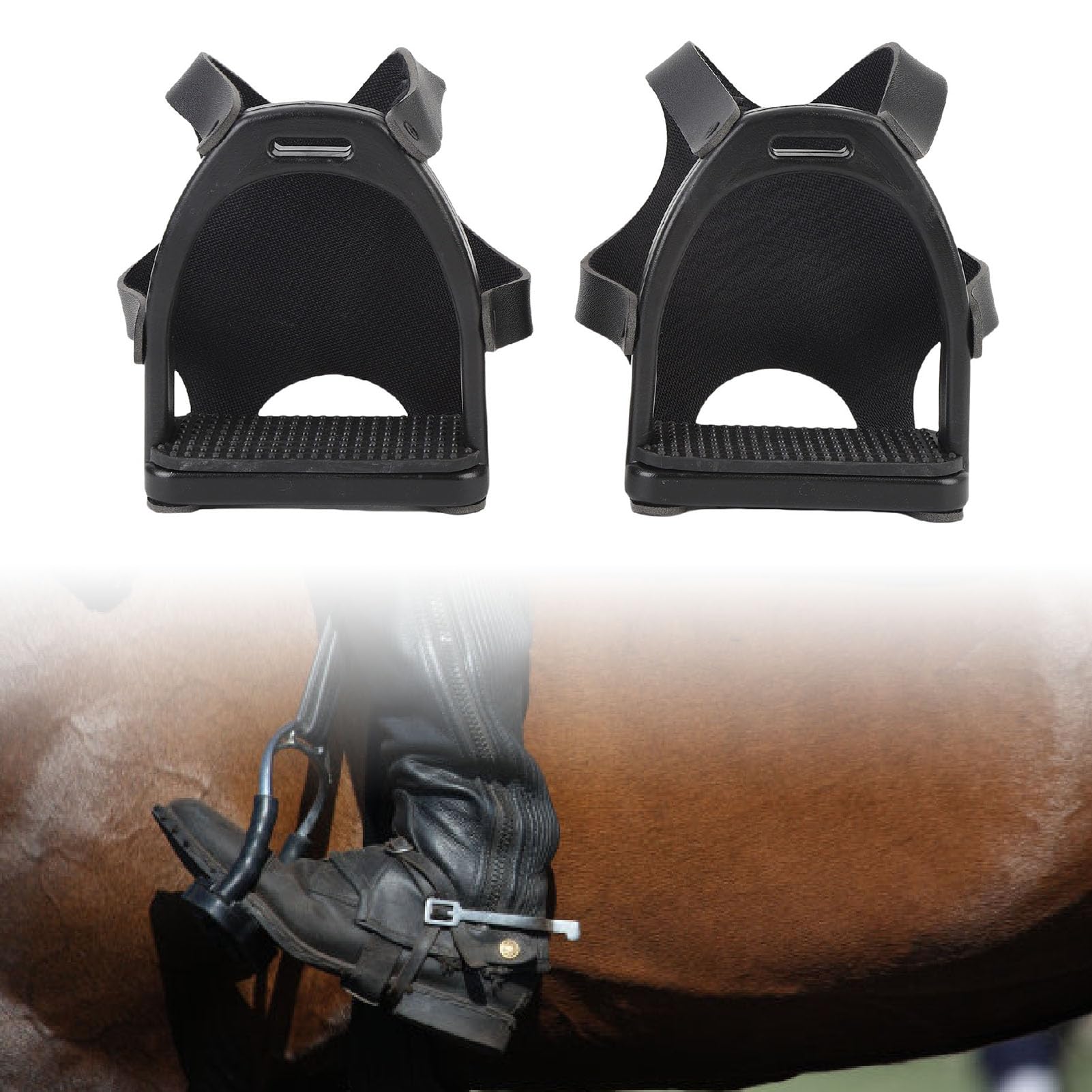 2 Pcs Non Slip Equestrian Stirrups with Safety Net Cover & Rubber Foot Pad - Reinforced Resin Design for Horseback Riding, Stable Training