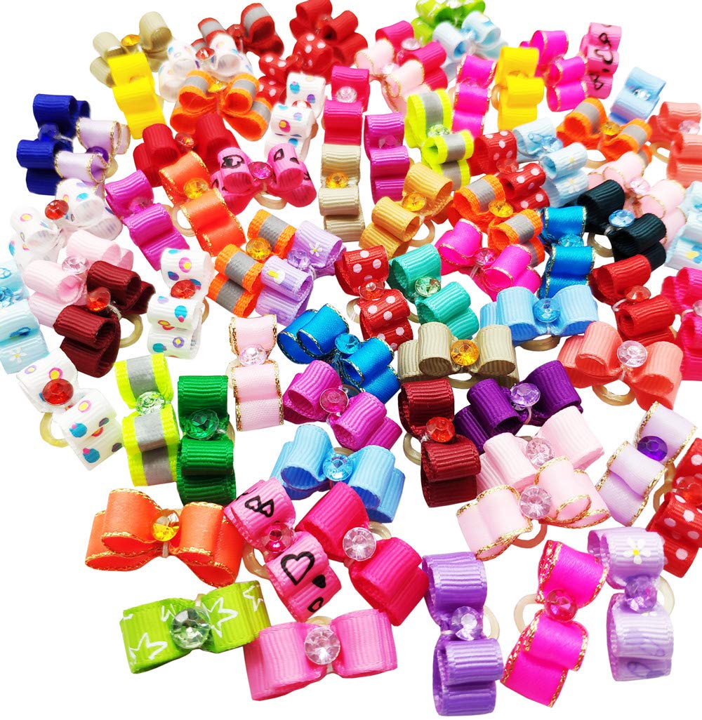 Hixixi 50pcs/Pack Cat Small Dog Puppy 3D Mini Size Hair Bows Multicolor Rhinestone Beads with Rubber Bands Pet Hair Accessories Mix Color Random